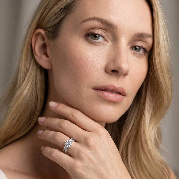 Platinum Round Three Stone Engagement Ring Setting with Rimmed Round Sides and Pave Split Shank