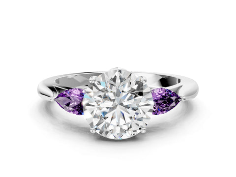 White gold Round Cut Diamond Three-Stone Ring with Pear with Amethyst side stone Side Stones and Prong Setting_12