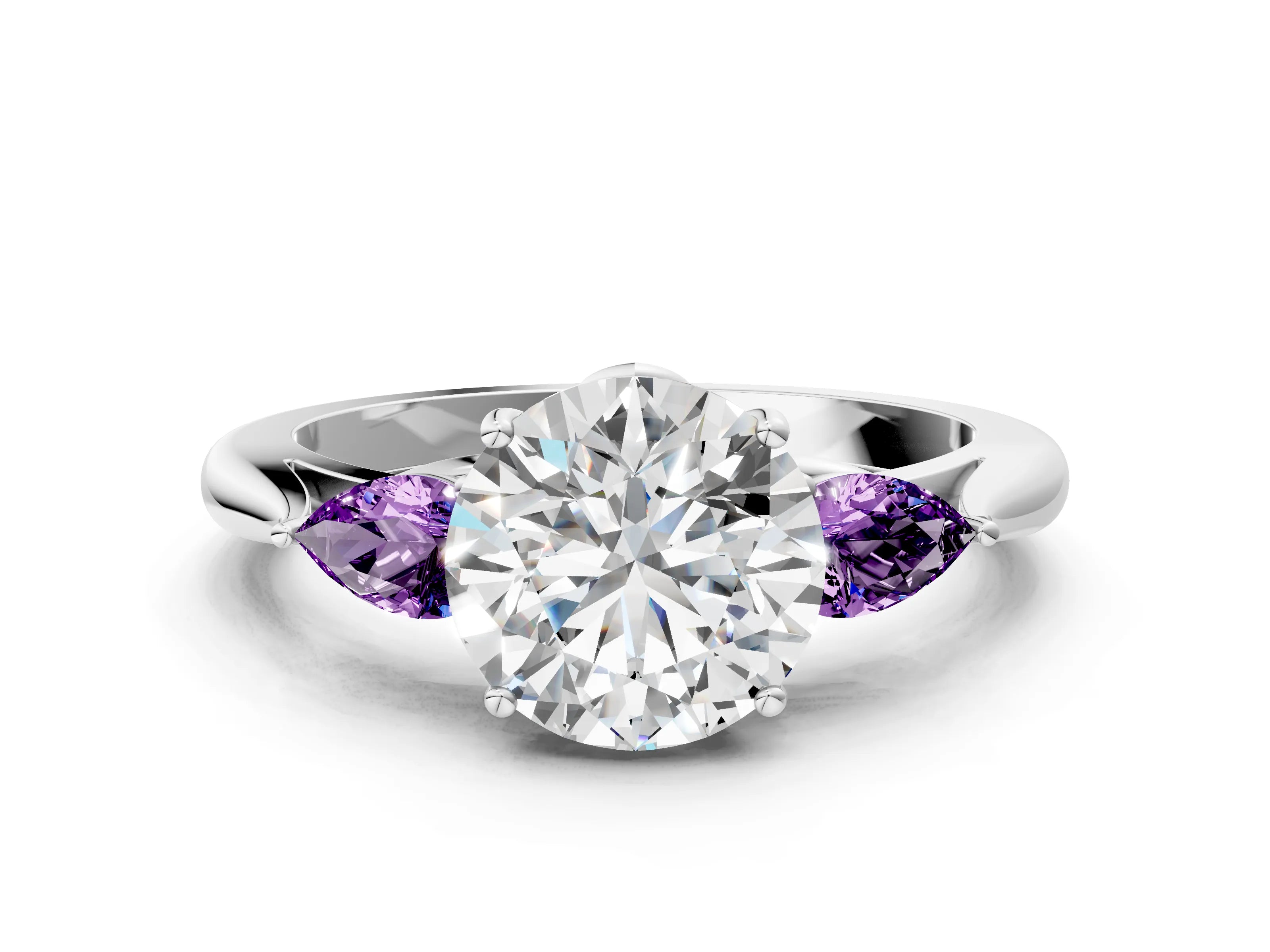 White gold Round Cut Diamond Three-Stone Ring with Pear with Amethyst side stone Side Stones and Prong Setting_12