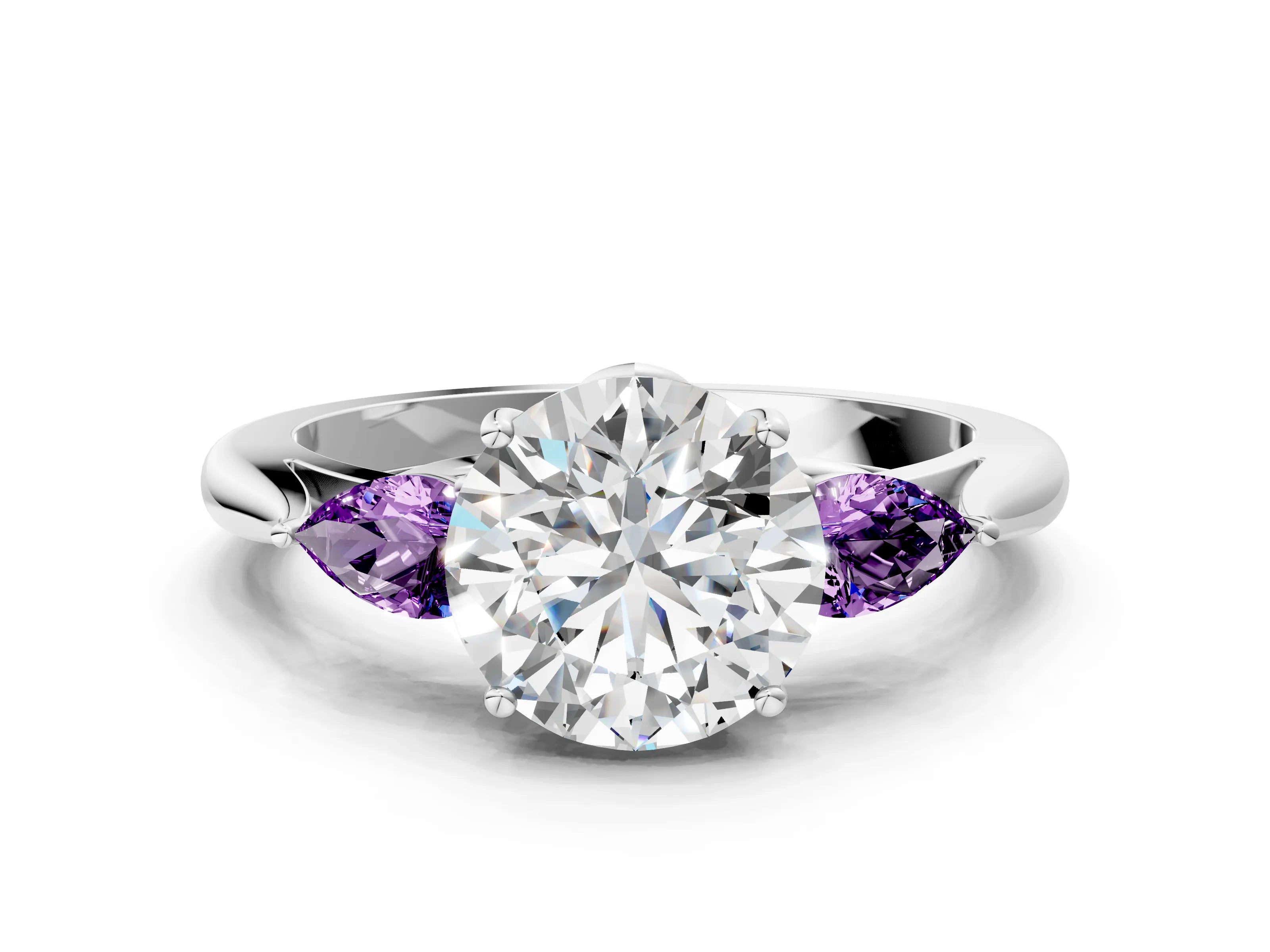 White gold Round Cut Diamond Three-Stone Ring with Pear with Amethyst side stone Side Stones and Prong Setting_12