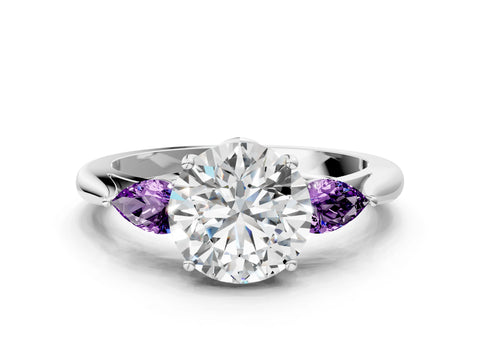 White gold Round Cut Diamond Three-Stone Ring with Pear with Amethyst side stone Side Stones and Prong Setting_12