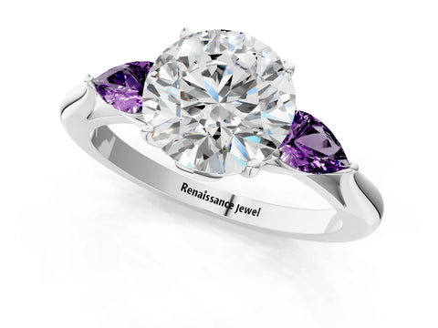 White gold Round Cut Diamond Three-Stone Ring with Pear with Amethyst side stone Side Stones and Prong Setting_13