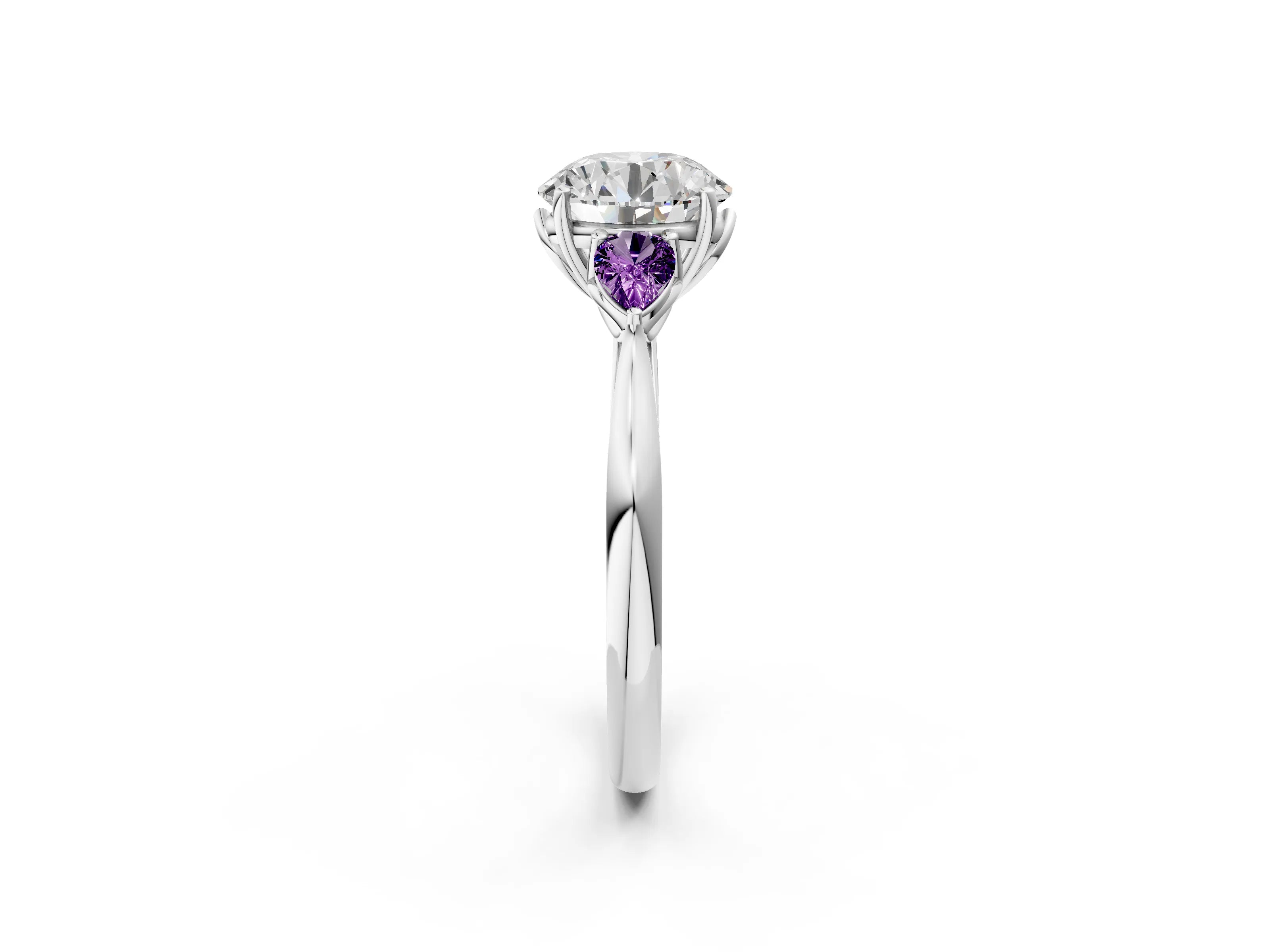 White gold Round Cut Diamond Three-Stone Ring with Pear with Amethyst side stone Side Stones and Prong Setting_14