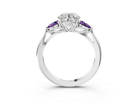 White gold Round Cut Diamond Three-Stone Ring with Pear with Amethyst side stone Side Stones and Prong Setting_15