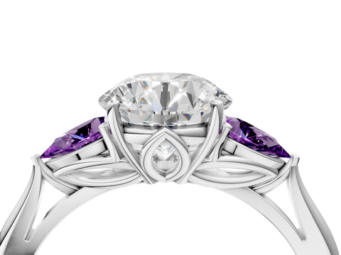 White gold Round Cut Diamond Three-Stone Ring with Pear with Amethyst side stone Side Stones and Prong Setting_16