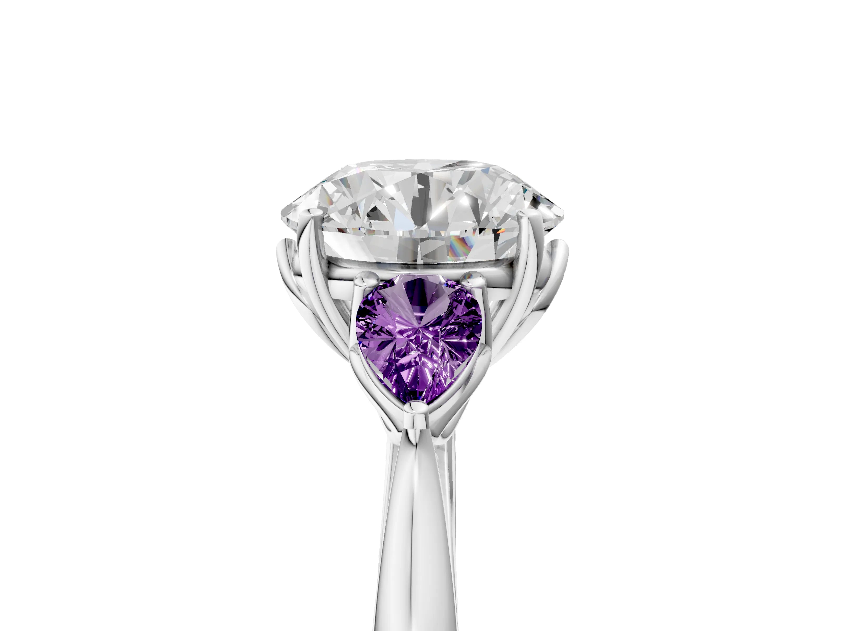 White gold Round Cut Diamond Three-Stone Ring with Pear with Amethyst side stone Side Stones and Prong Setting_17