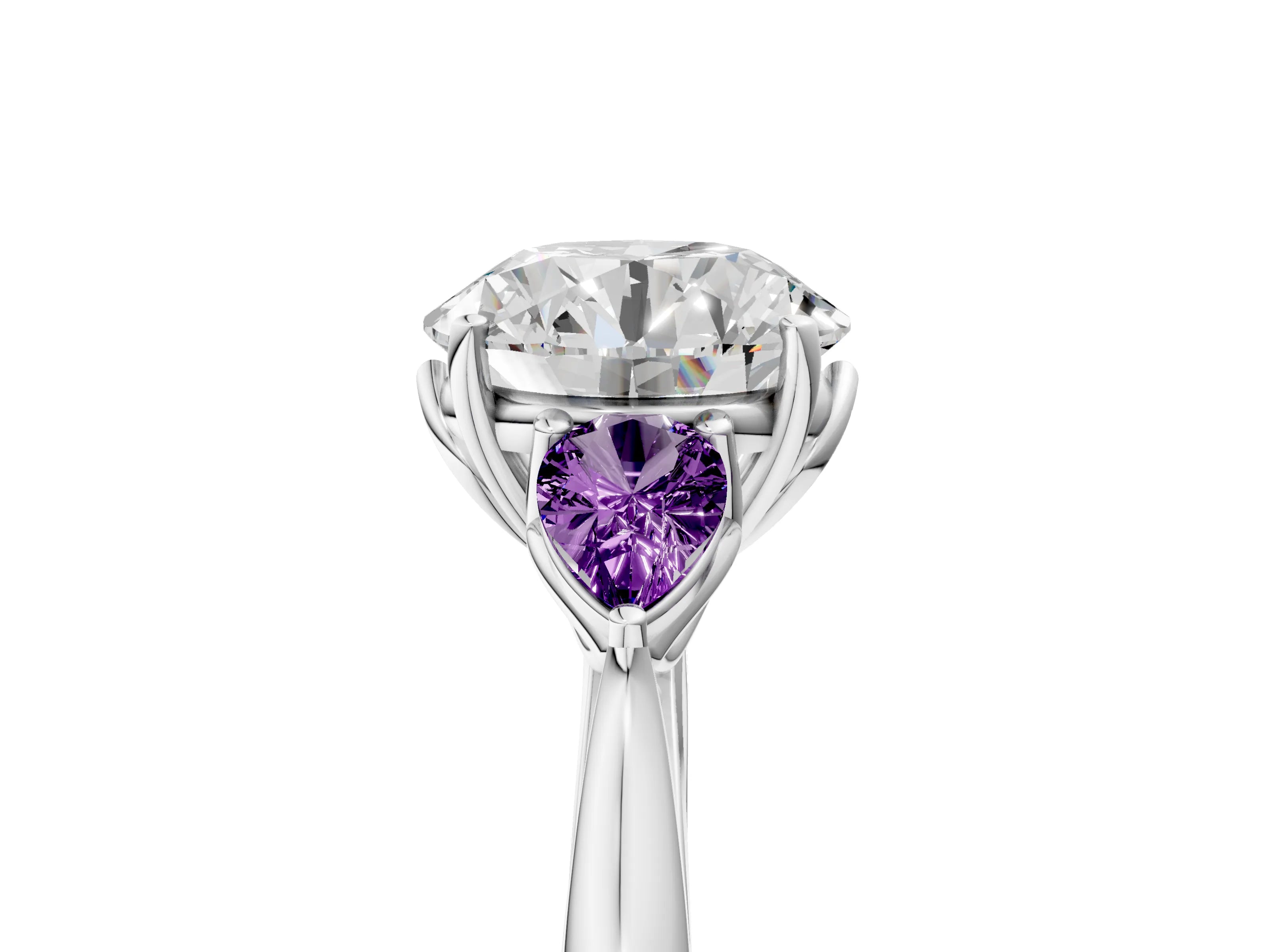 White gold Round Cut Diamond Three-Stone Ring with Pear with Amethyst side stone Side Stones and Prong Setting_17