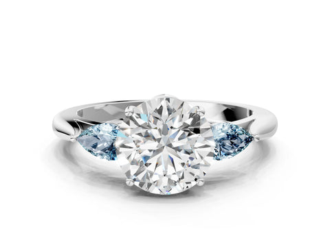 White gold Round Cut Diamond Three-Stone Ring with Pear with Aquamarine side stone Side Stones and Prong Setting_120