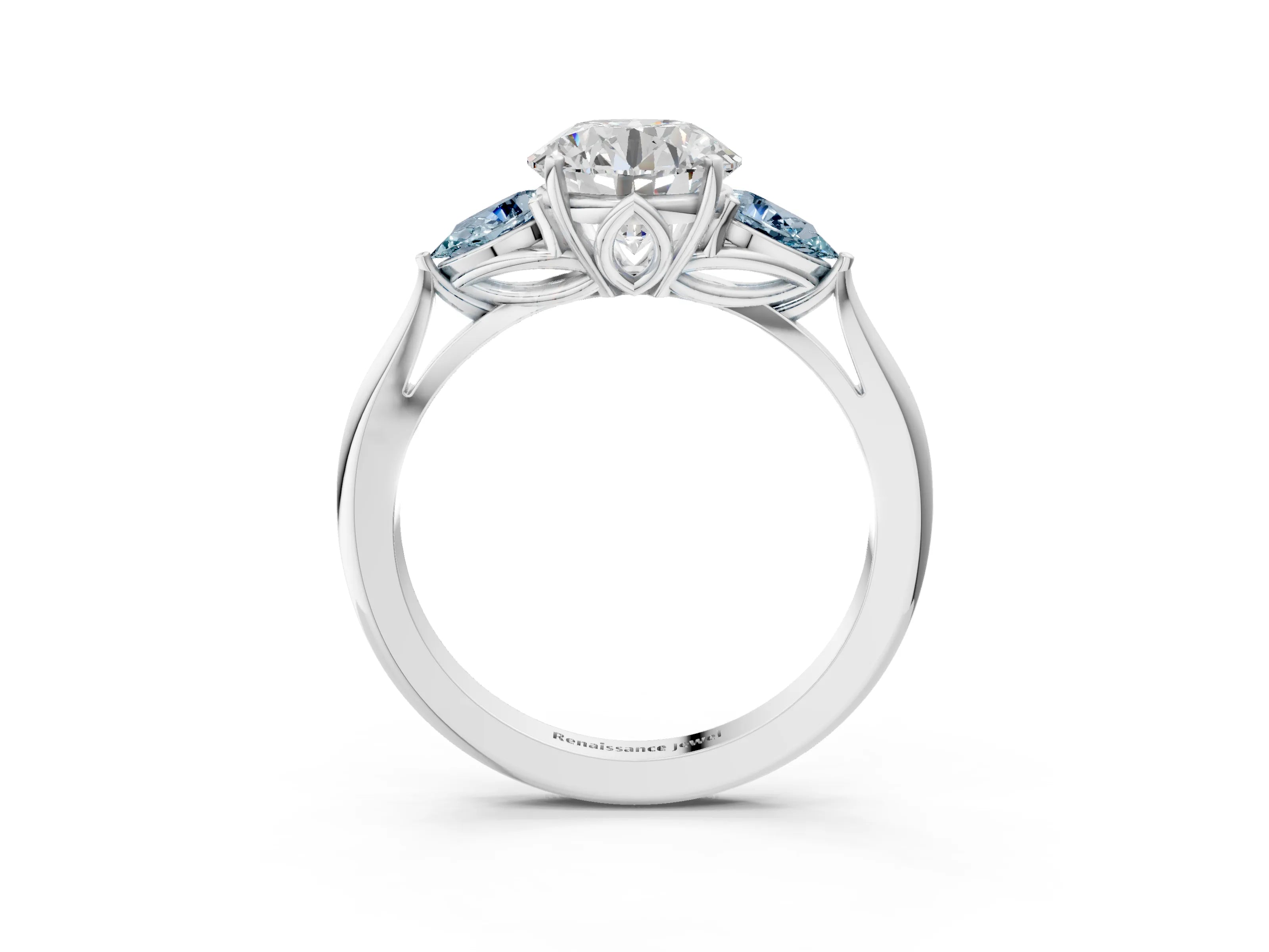 White gold Round Cut Diamond Three-Stone Ring with Pear with Aquamarine side stone Side Stones and Prong Setting_123