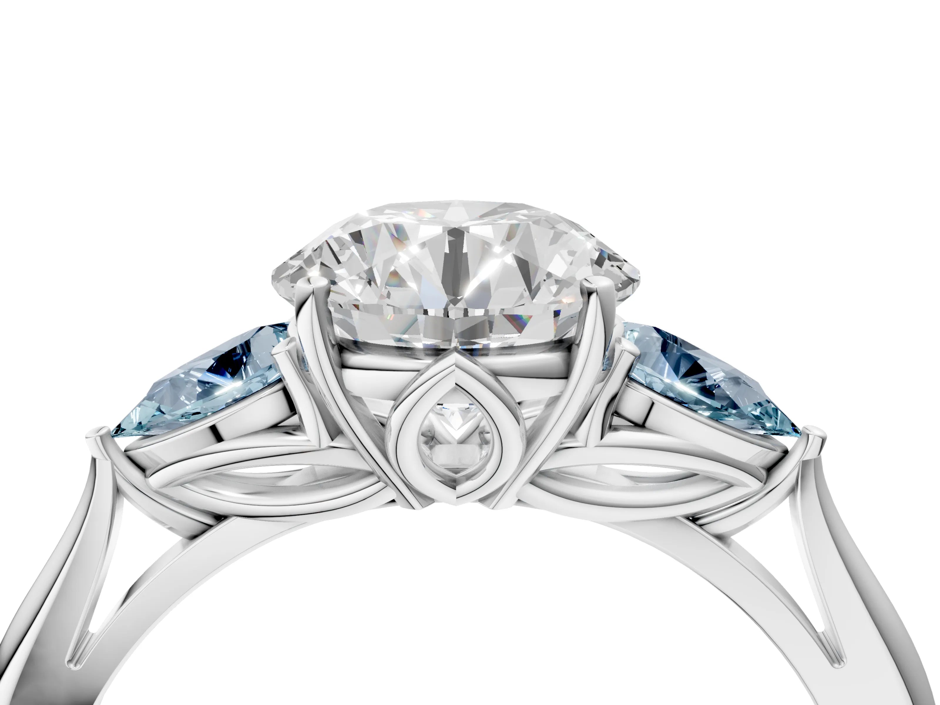 White gold Round Cut Diamond Three-Stone Ring with Pear with Aquamarine side stone Side Stones and Prong Setting_124