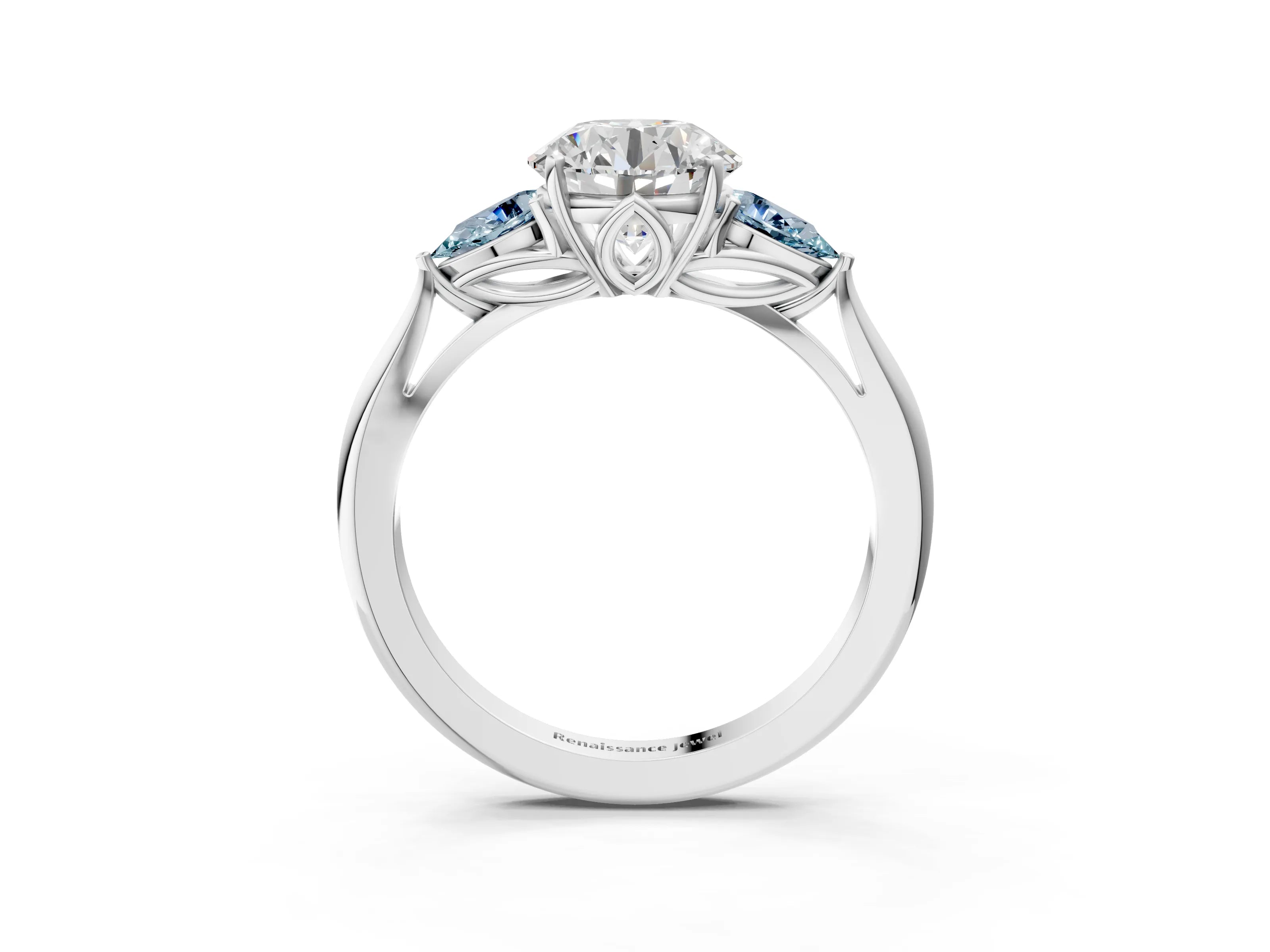 White gold Round Cut Diamond Three-Stone Ring with Pear with Aquamarine side stone Side Stones and Prong Setting_27