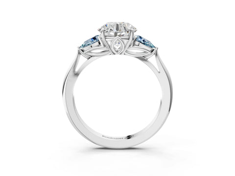 White gold Round Cut Diamond Three-Stone Ring with Pear with Aquamarine side stone Side Stones and Prong Setting_27