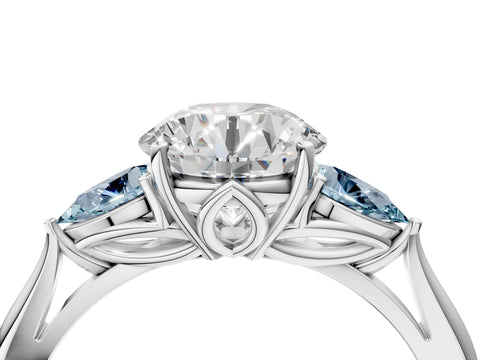 White gold Round Cut Diamond Three-Stone Ring with Pear with Aquamarine side stone Side Stones and Prong Setting_28