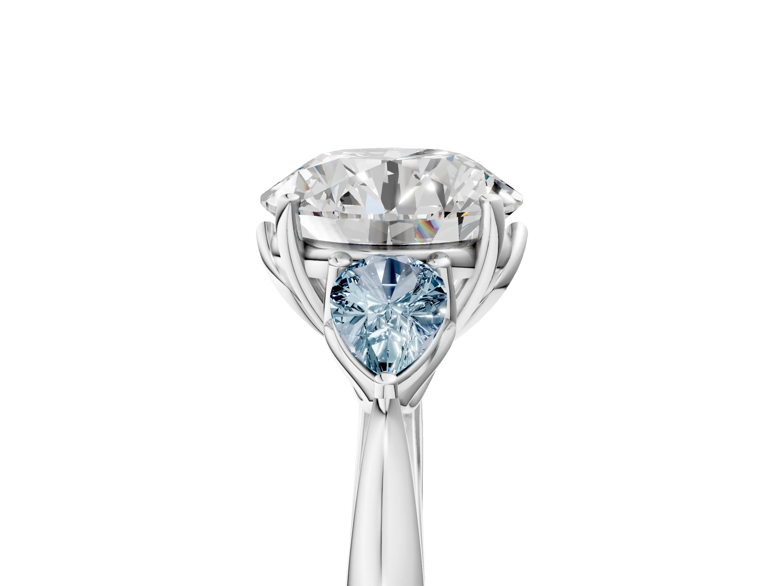 White gold Round Cut Diamond Three-Stone Ring with Pear with Aquamarine side stone Side Stones and Prong Setting_29