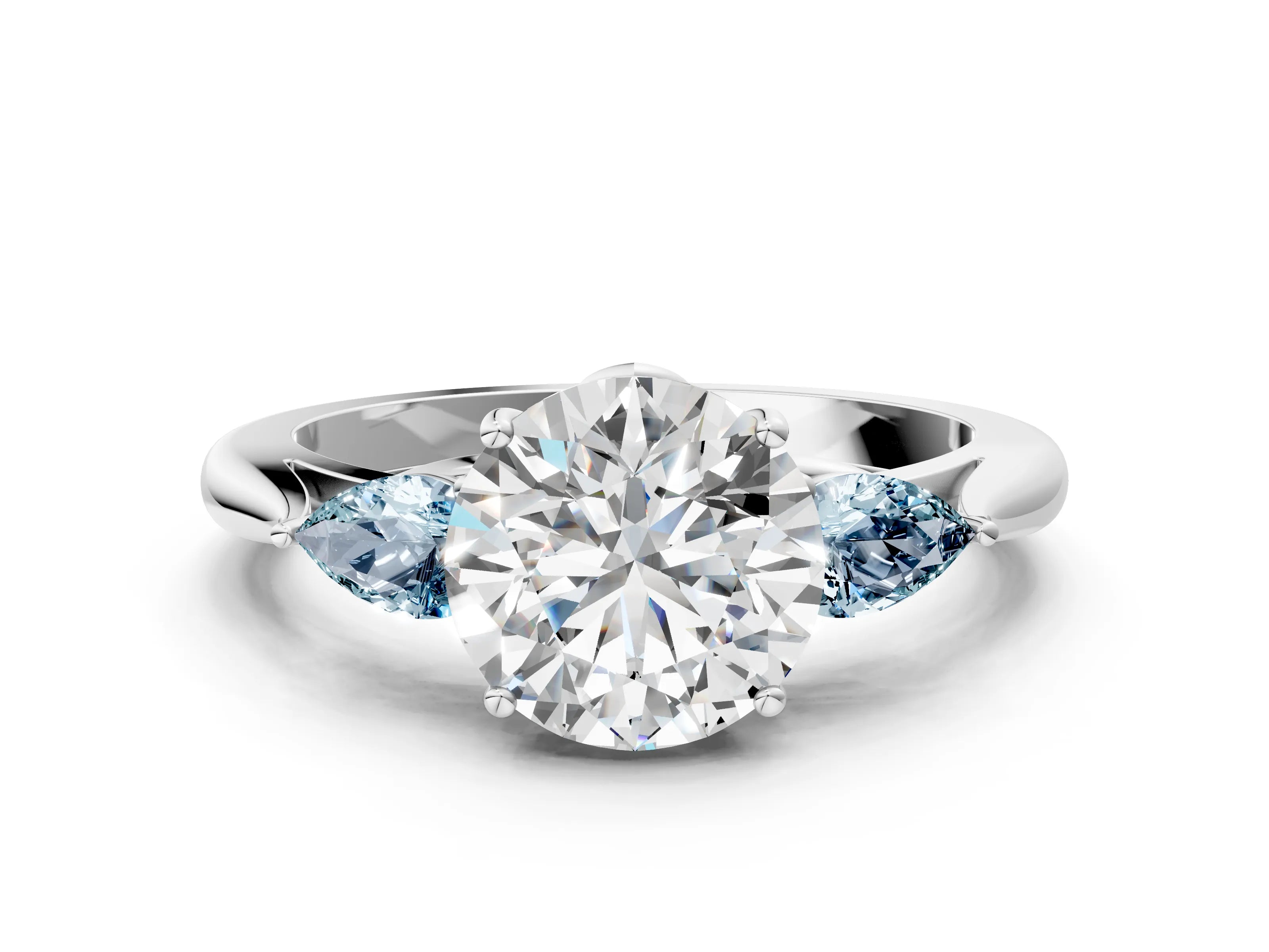 White gold Round Cut Diamond Three-Stone Ring with Pear with Aquamarine side stone Side Stones and Prong Setting_48