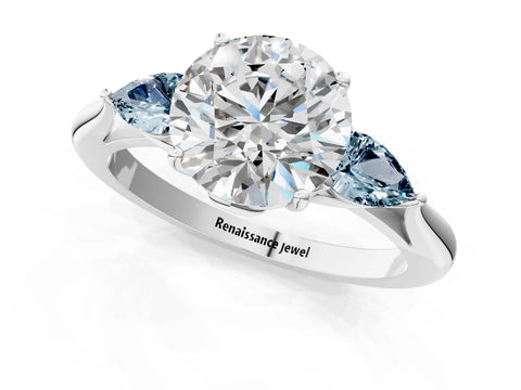 White gold Round Cut Diamond Three-Stone Ring with Pear with Aquamarine side stone Side Stones and Prong Setting_49