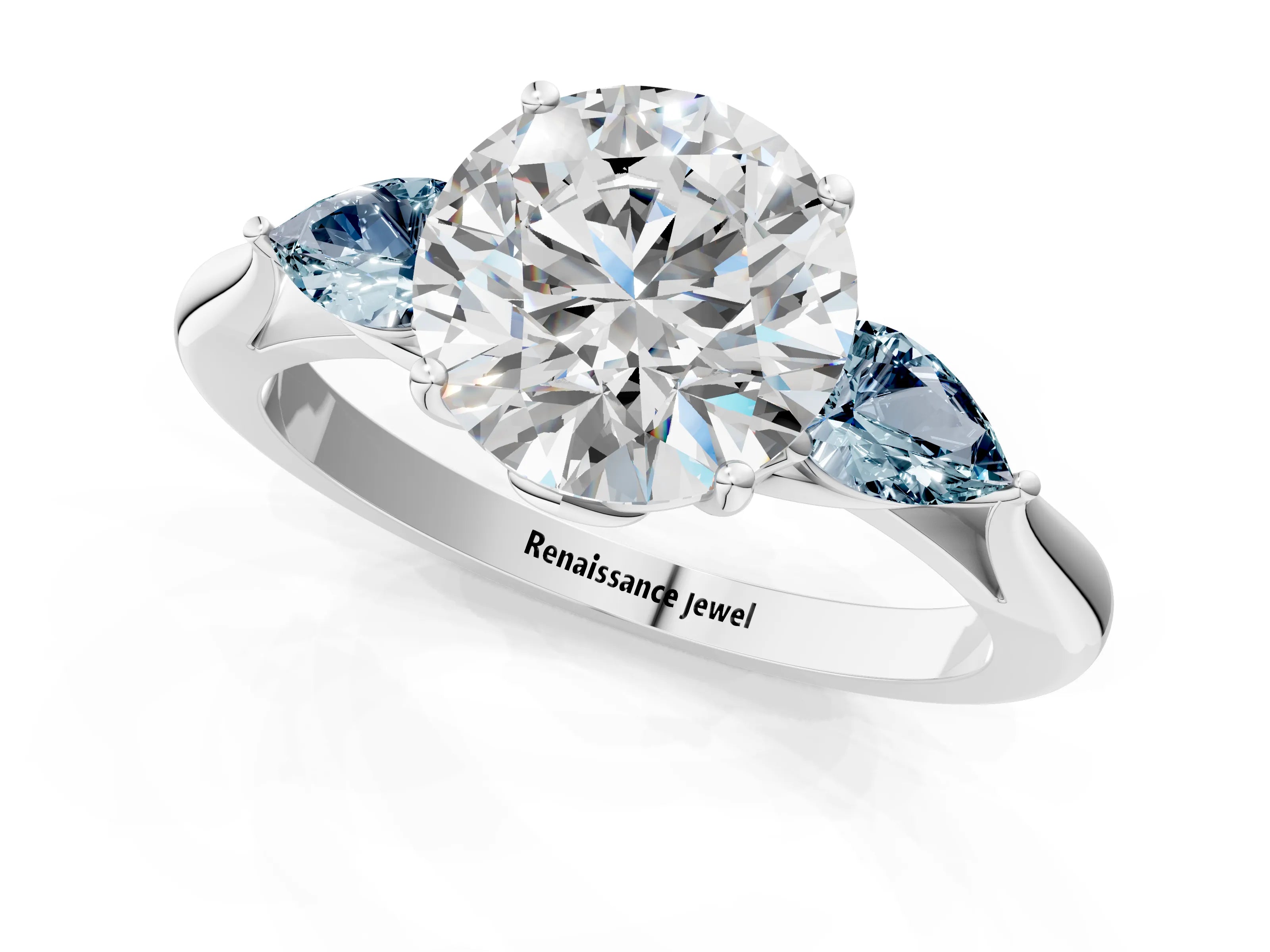 White gold Round Cut Diamond Three-Stone Ring with Pear with Aquamarine side stone Side Stones and Prong Setting_49