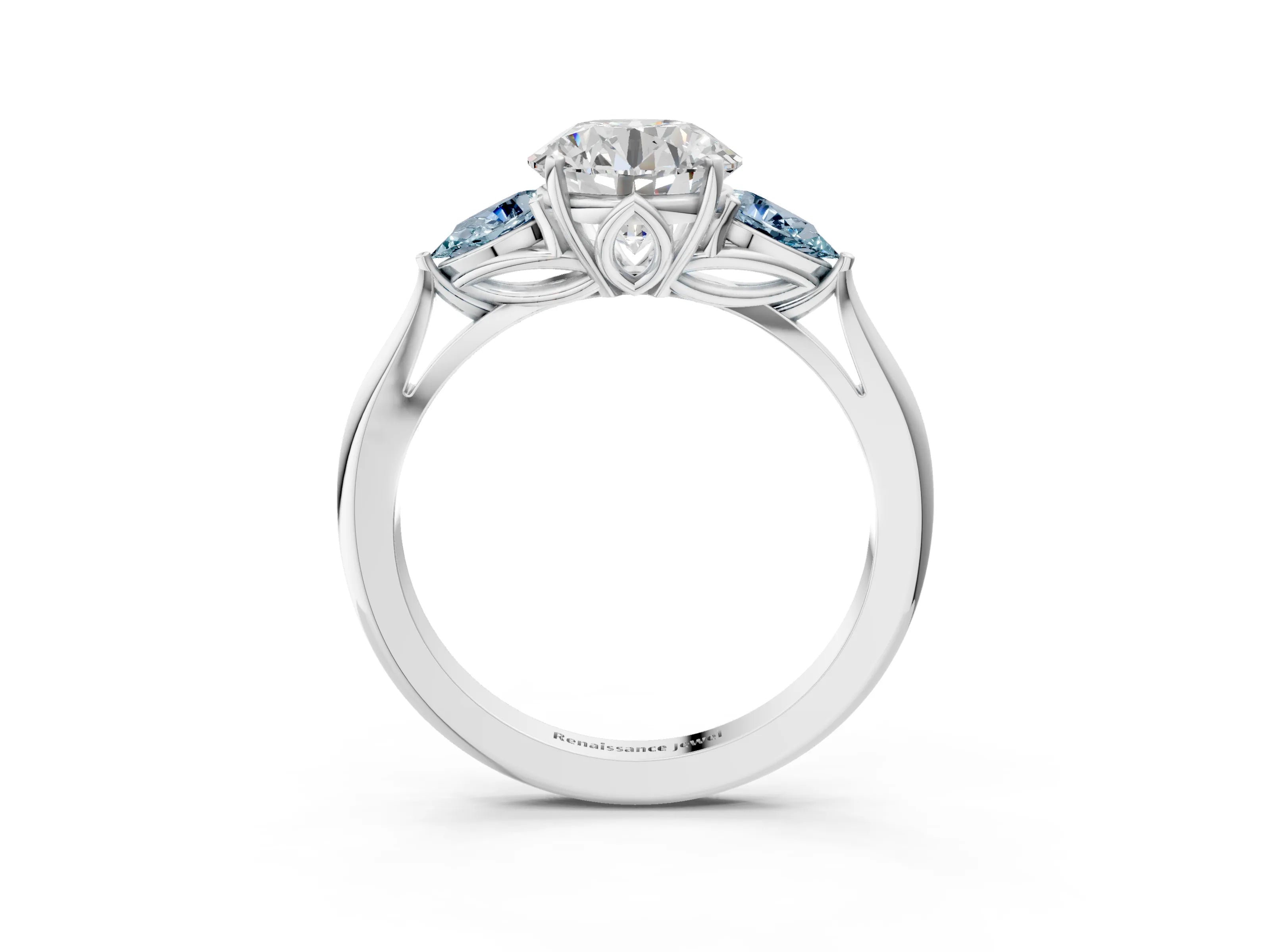White gold Round Cut Diamond Three-Stone Ring with Pear with Aquamarine side stone Side Stones and Prong Setting_51