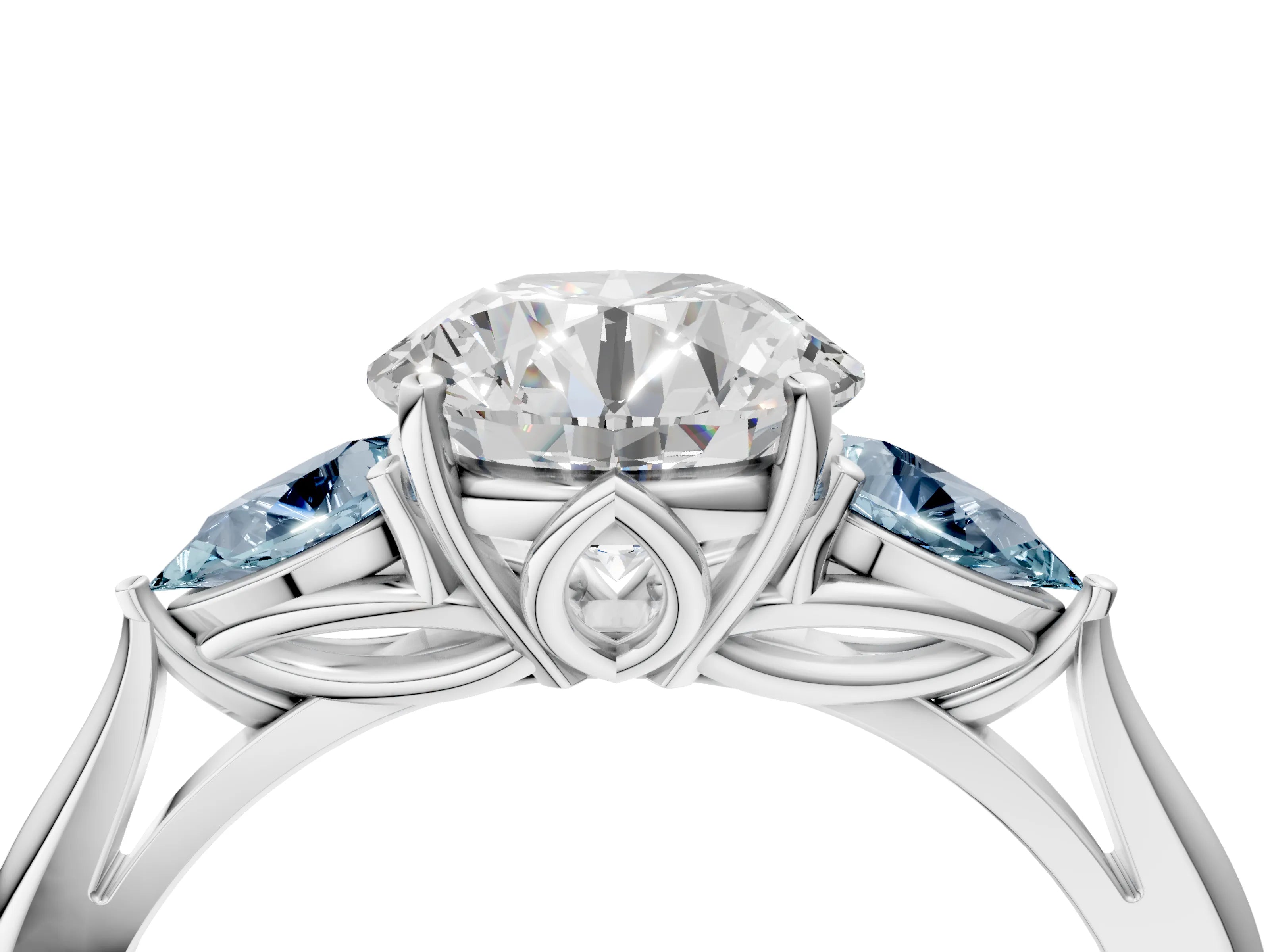 White gold Round Cut Diamond Three-Stone Ring with Pear with Aquamarine side stone Side Stones and Prong Setting_52