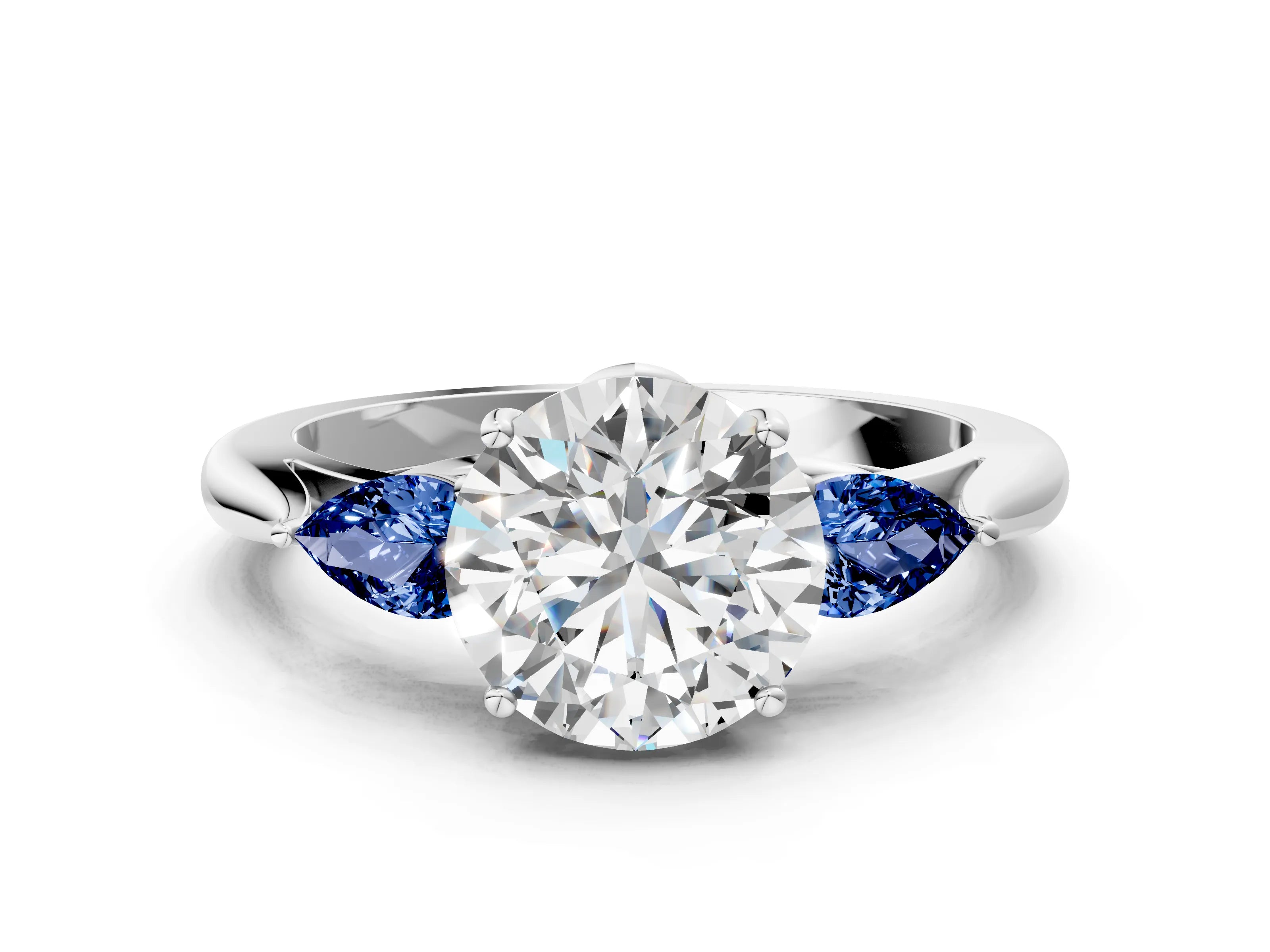 White gold Round Cut Diamond Three-Stone Ring with Pear with Blue Sapphire side stone Side Stones and Prong Setting_12