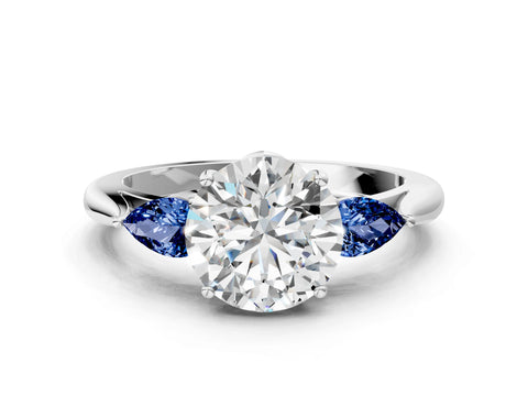 White gold Round Cut Diamond Three-Stone Ring with Pear with Blue Sapphire side stone Side Stones and Prong Setting_12