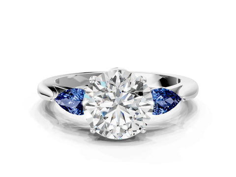 White gold Round Cut Diamond Three-Stone Ring with Pear with Blue Sapphire side stone Side Stones and Prong Setting_132