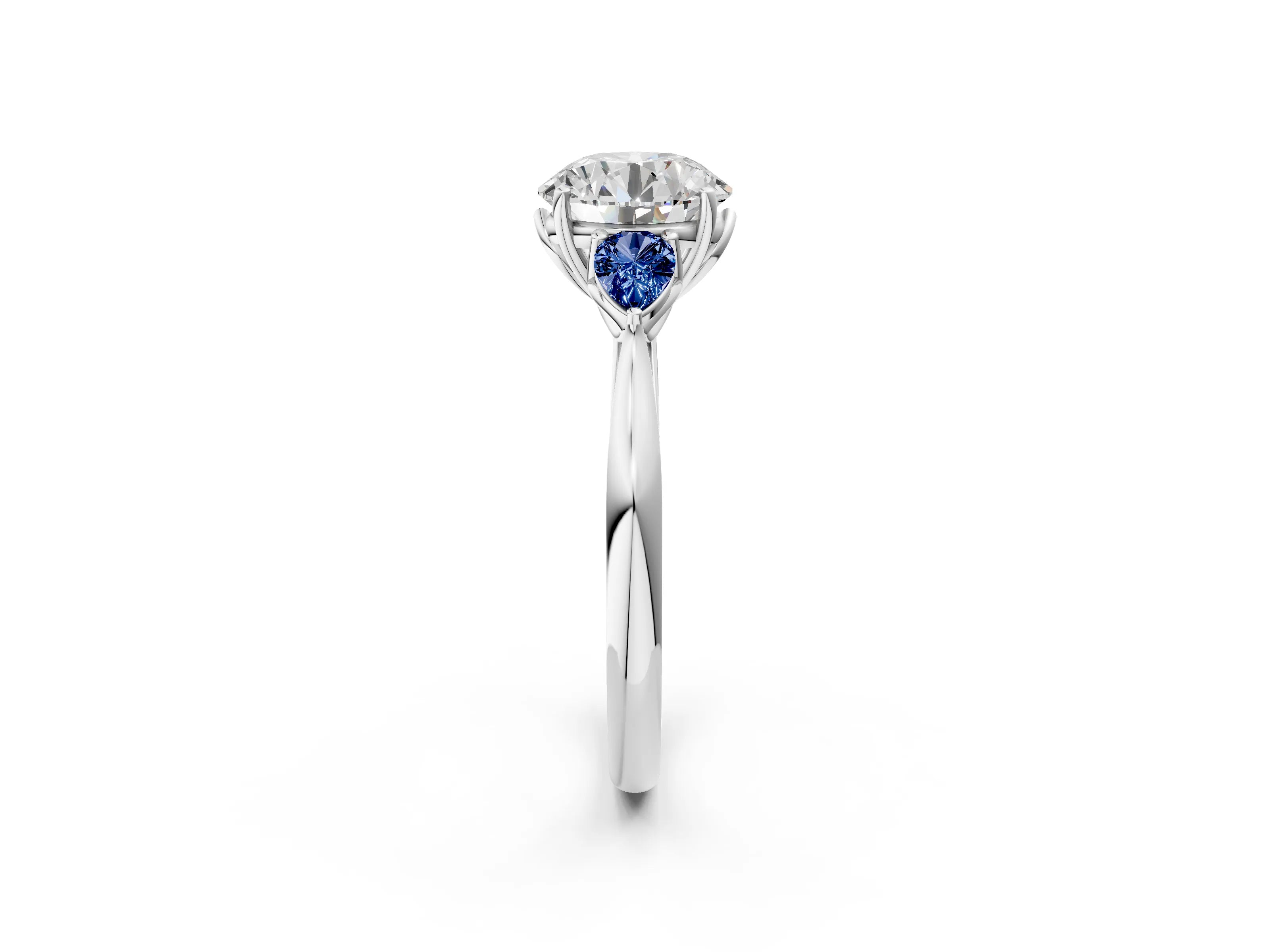 White gold Round Cut Diamond Three-Stone Ring with Pear with Blue Sapphire side stone Side Stones and Prong Setting_134