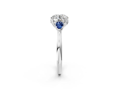 White gold Round Cut Diamond Three-Stone Ring with Pear with Blue Sapphire side stone Side Stones and Prong Setting_134