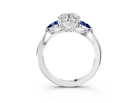 White gold Round Cut Diamond Three-Stone Ring with Pear with Blue Sapphire side stone Side Stones and Prong Setting_135