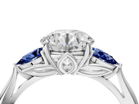 White gold Round Cut Diamond Three-Stone Ring with Pear with Blue Sapphire side stone Side Stones and Prong Setting_136
