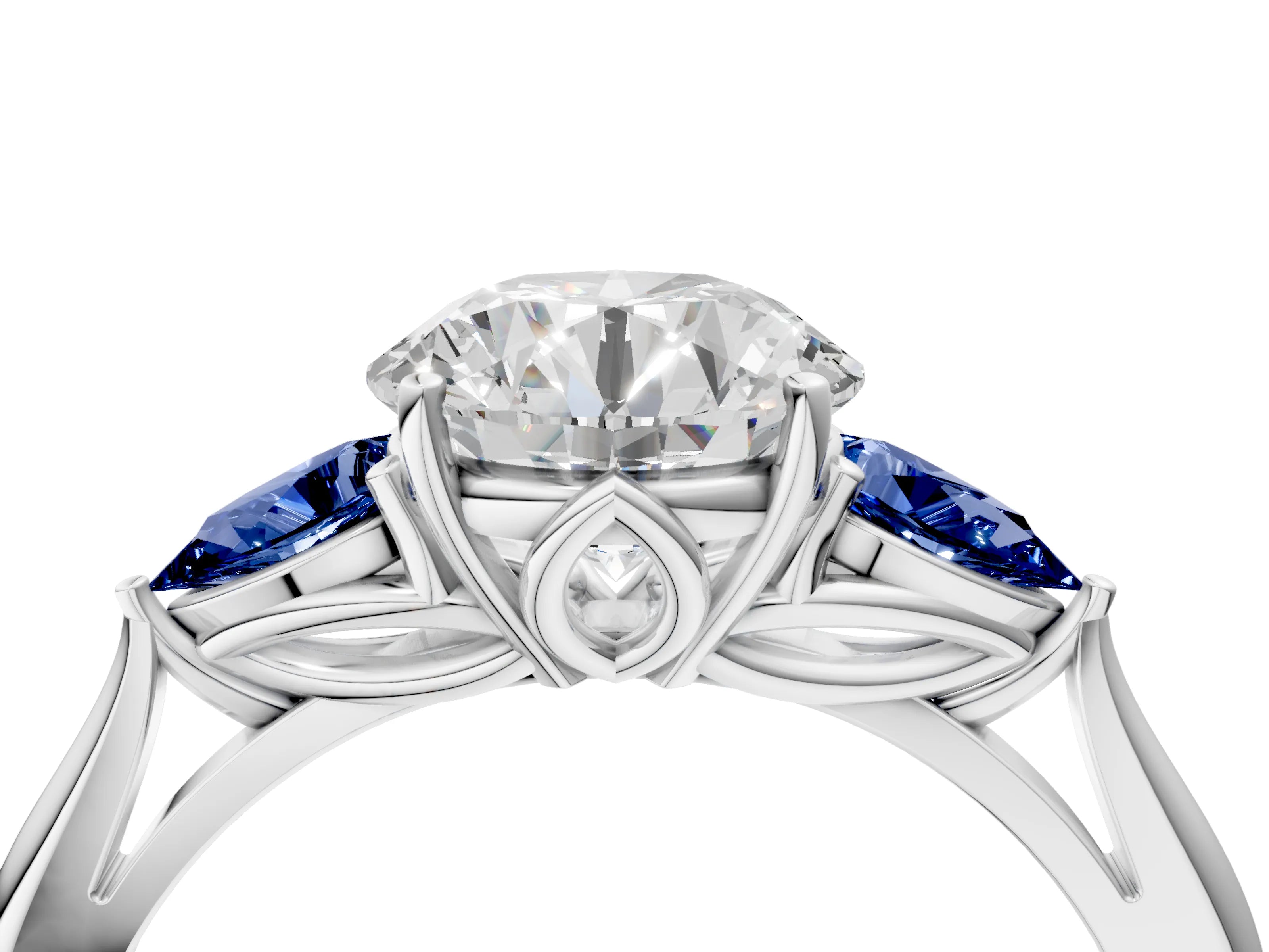 White gold Round Cut Diamond Three-Stone Ring with Pear with Blue Sapphire side stone Side Stones and Prong Setting_136