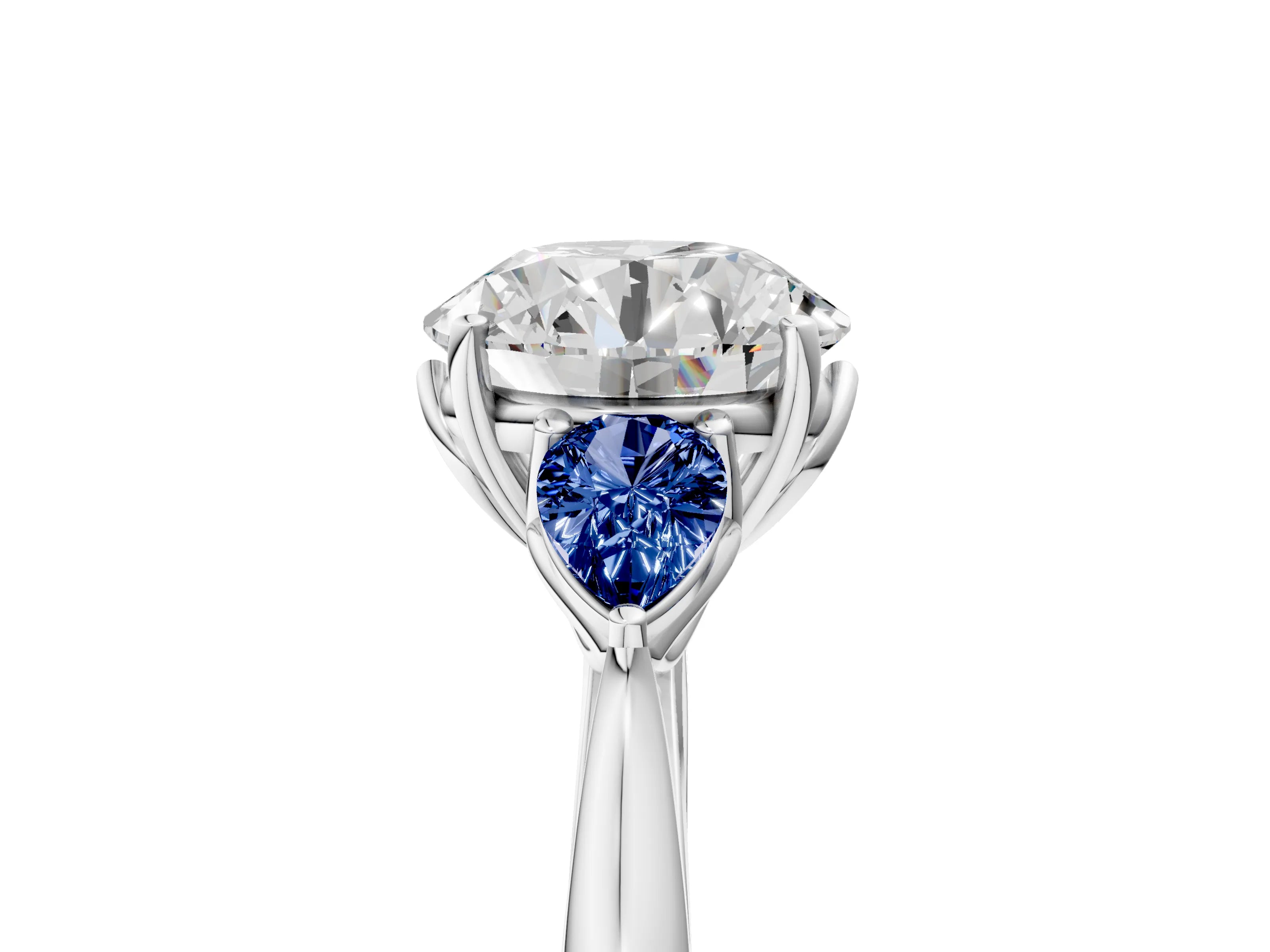 White gold Round Cut Diamond Three-Stone Ring with Pear with Blue Sapphire side stone Side Stones and Prong Setting_137