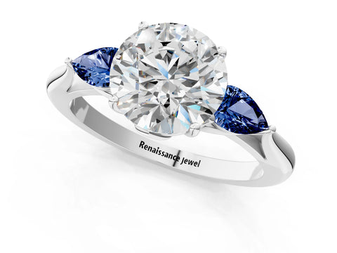 White gold Round Cut Diamond Three-Stone Ring with Pear with Blue Sapphire side stone Side Stones and Prong Setting_13