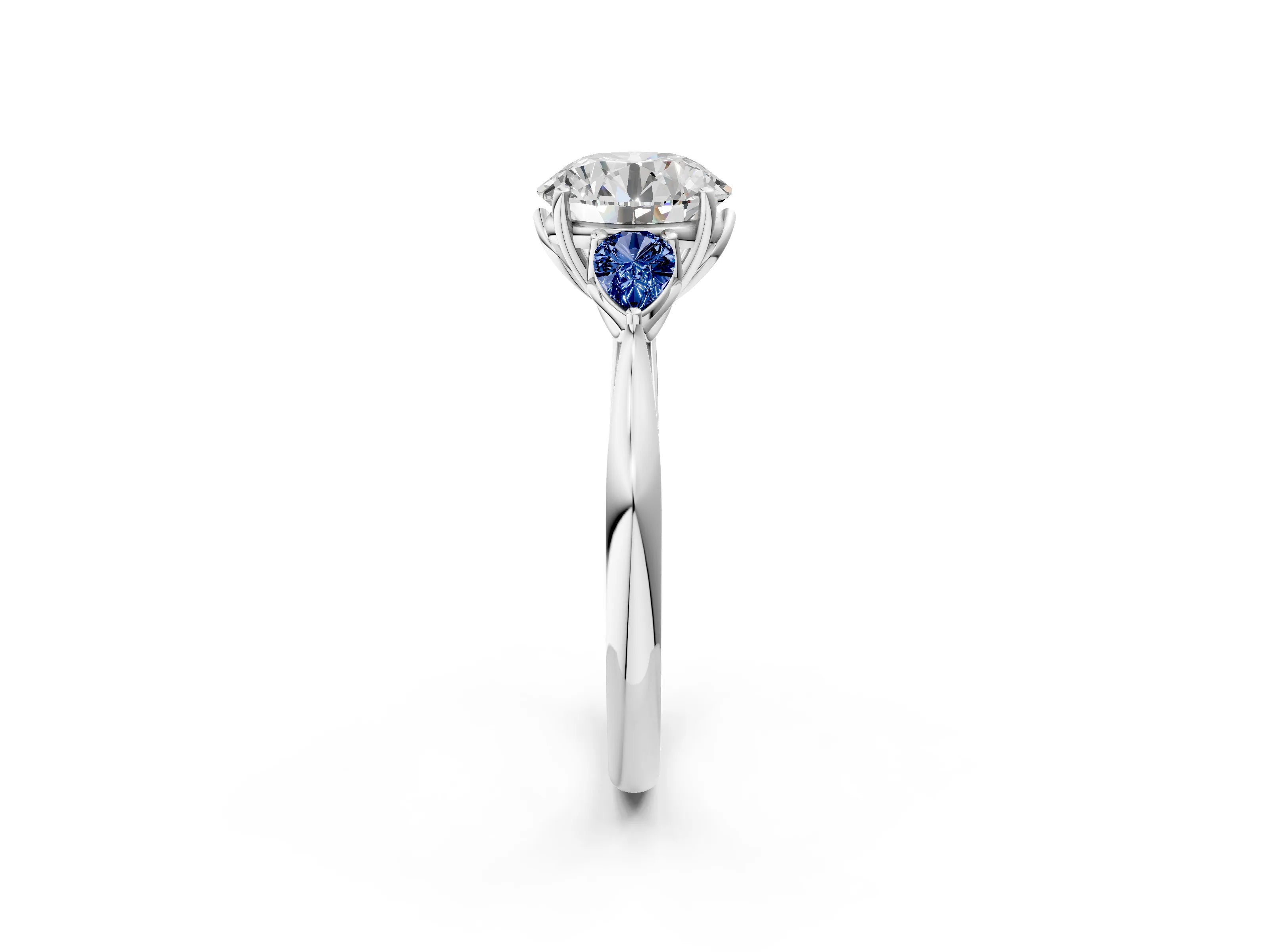 White gold Round Cut Diamond Three-Stone Ring with Pear with Blue Sapphire side stone Side Stones and Prong Setting_14