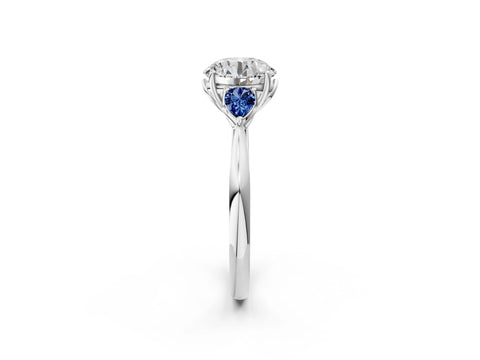 White gold Round Cut Diamond Three-Stone Ring with Pear with Blue Sapphire side stone Side Stones and Prong Setting_14