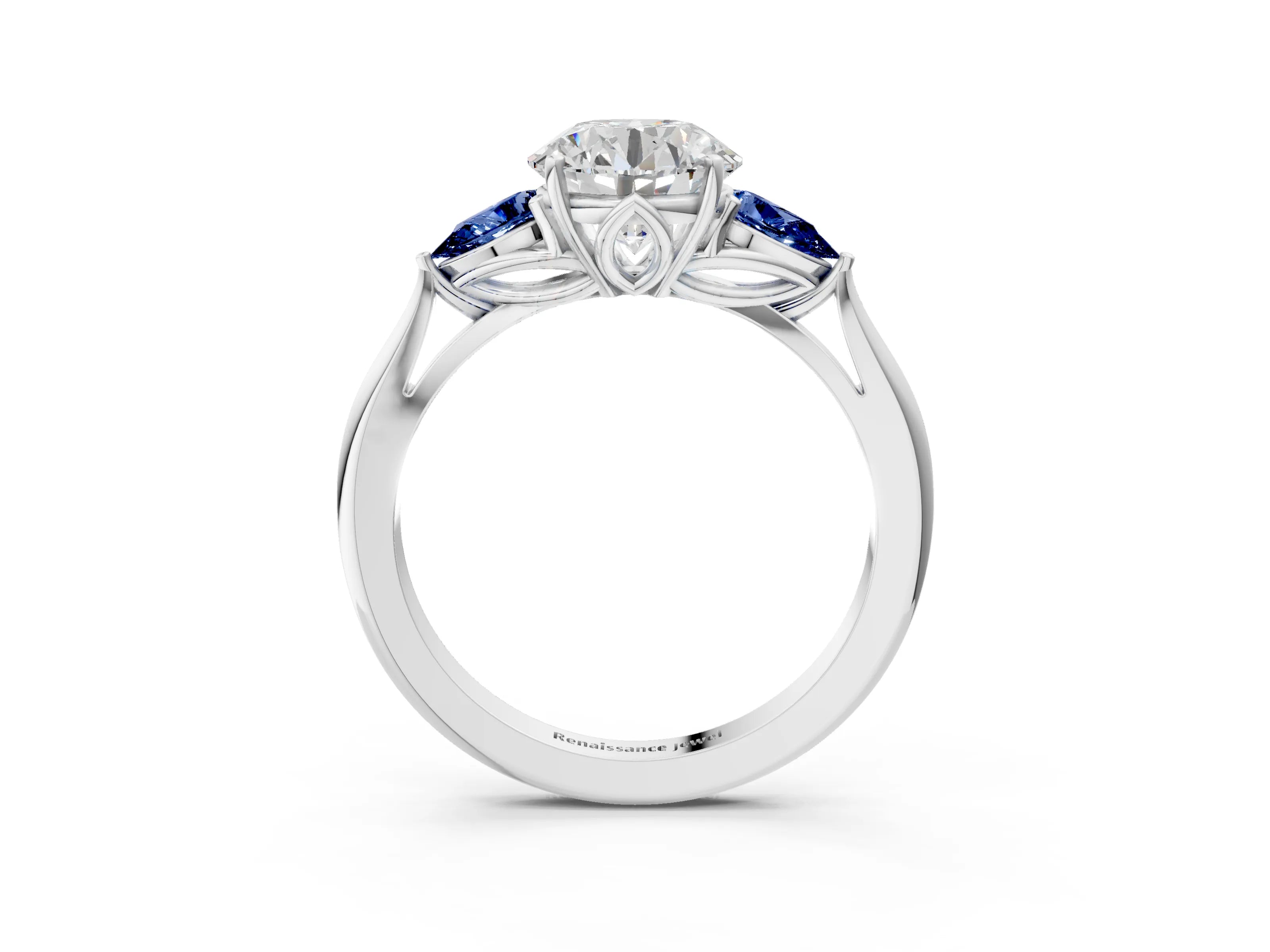 White gold Round Cut Diamond Three-Stone Ring with Pear with Blue Sapphire side stone Side Stones and Prong Setting_15
