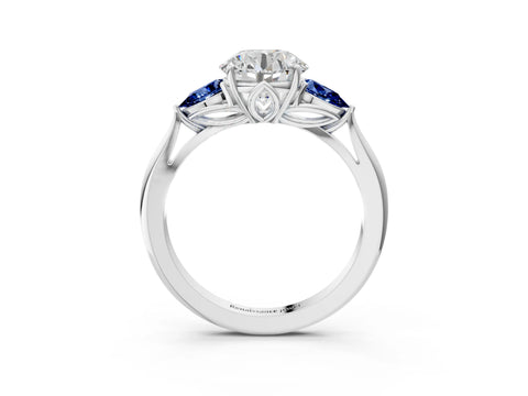 White gold Round Cut Diamond Three-Stone Ring with Pear with Blue Sapphire side stone Side Stones and Prong Setting_15