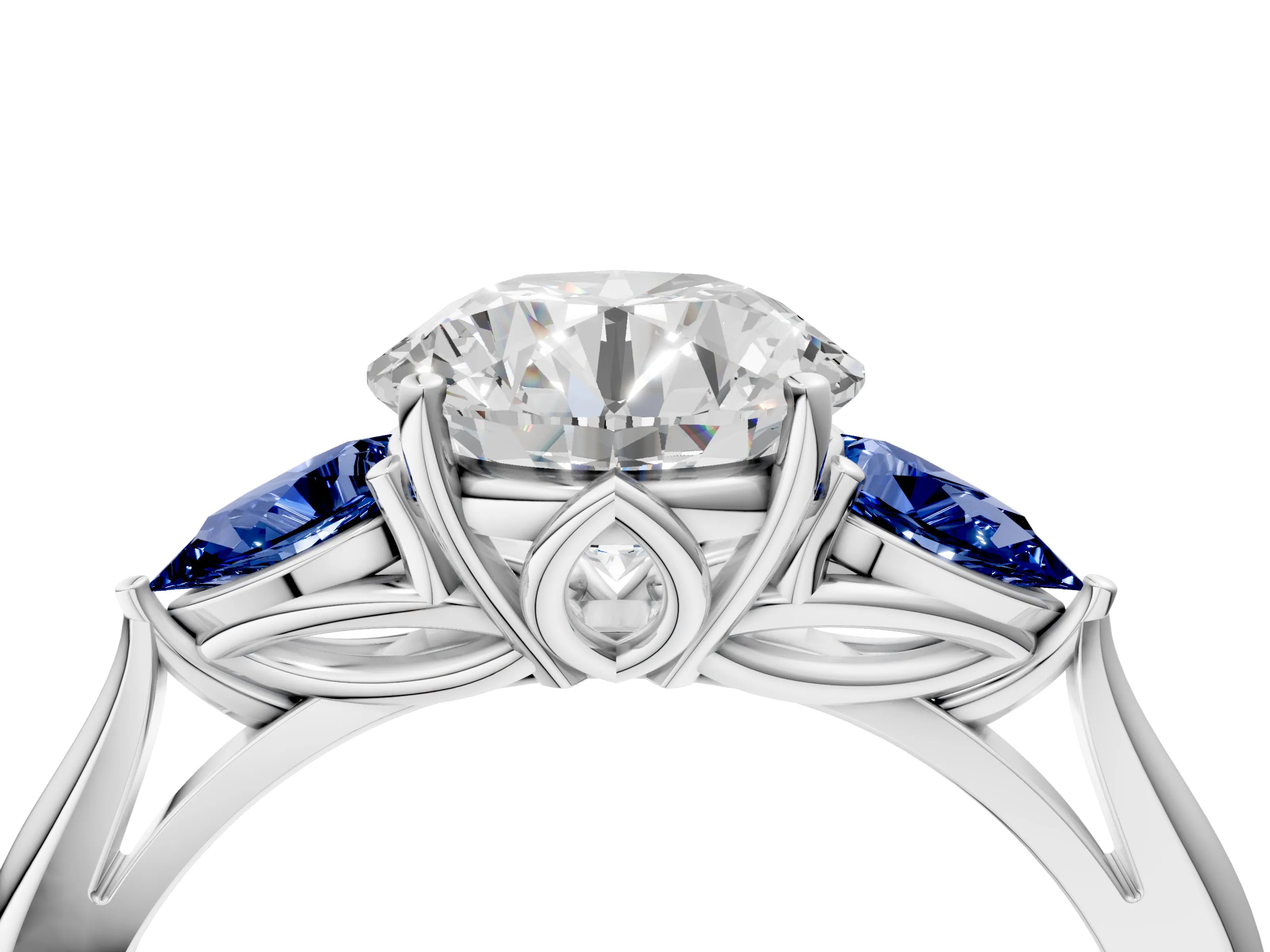 White gold Round Cut Diamond Three-Stone Ring with Pear with Blue Sapphire side stone Side Stones and Prong Setting_16
