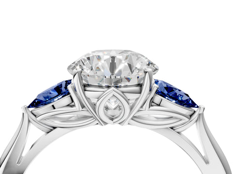 White gold Round Cut Diamond Three-Stone Ring with Pear with Blue Sapphire side stone Side Stones and Prong Setting_16