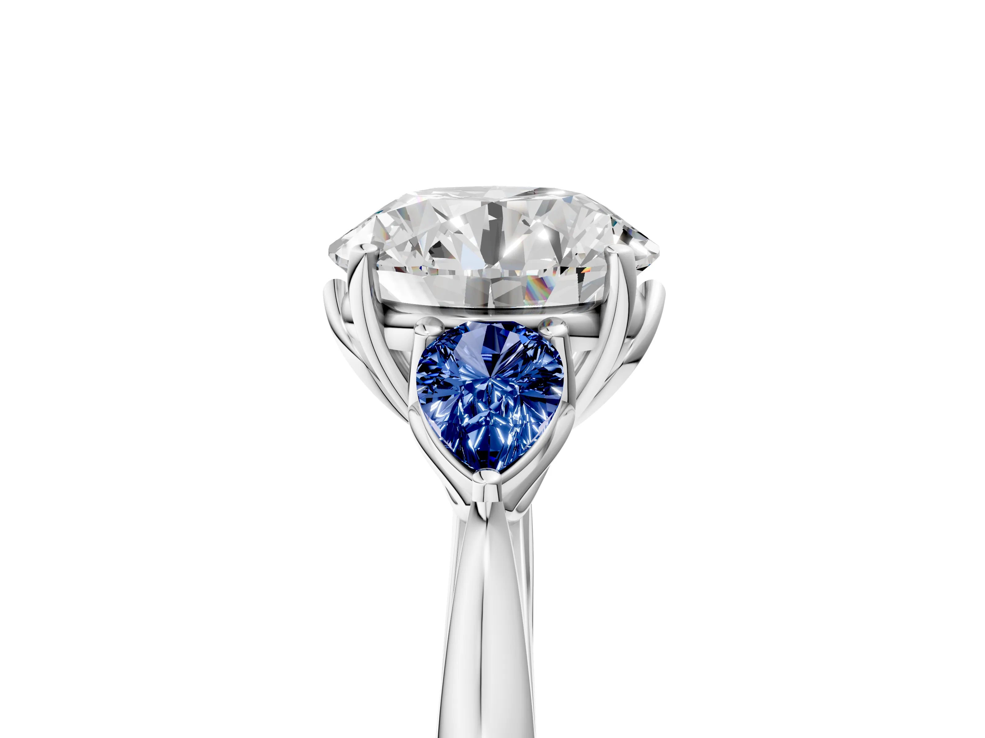 White gold Round Cut Diamond Three-Stone Ring with Pear with Blue Sapphire side stone Side Stones and Prong Setting_17