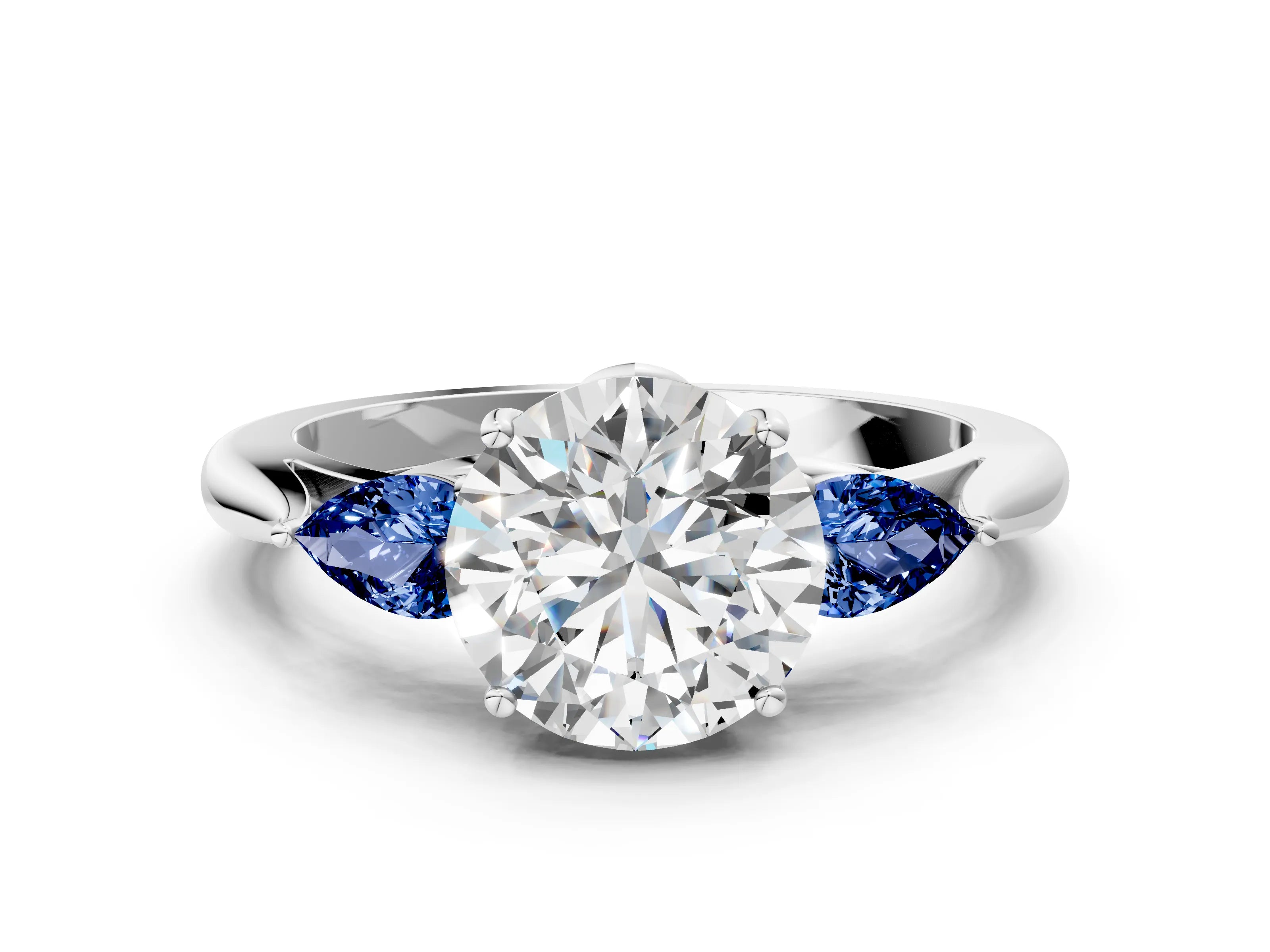 White gold Round Cut Diamond Three-Stone Ring with Pear with Blue Sapphire side stone Side Stones and Prong Setting_36