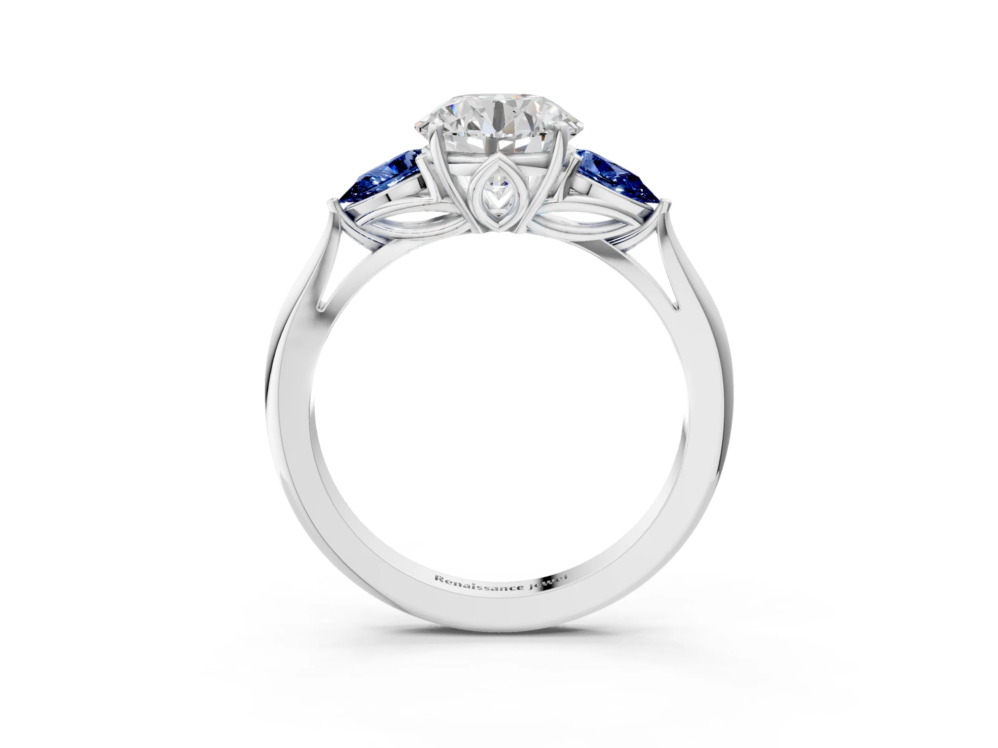 White gold Round Cut Diamond Three-Stone Ring with Pear with Blue Sapphire side stone Side Stones and Prong Setting_39