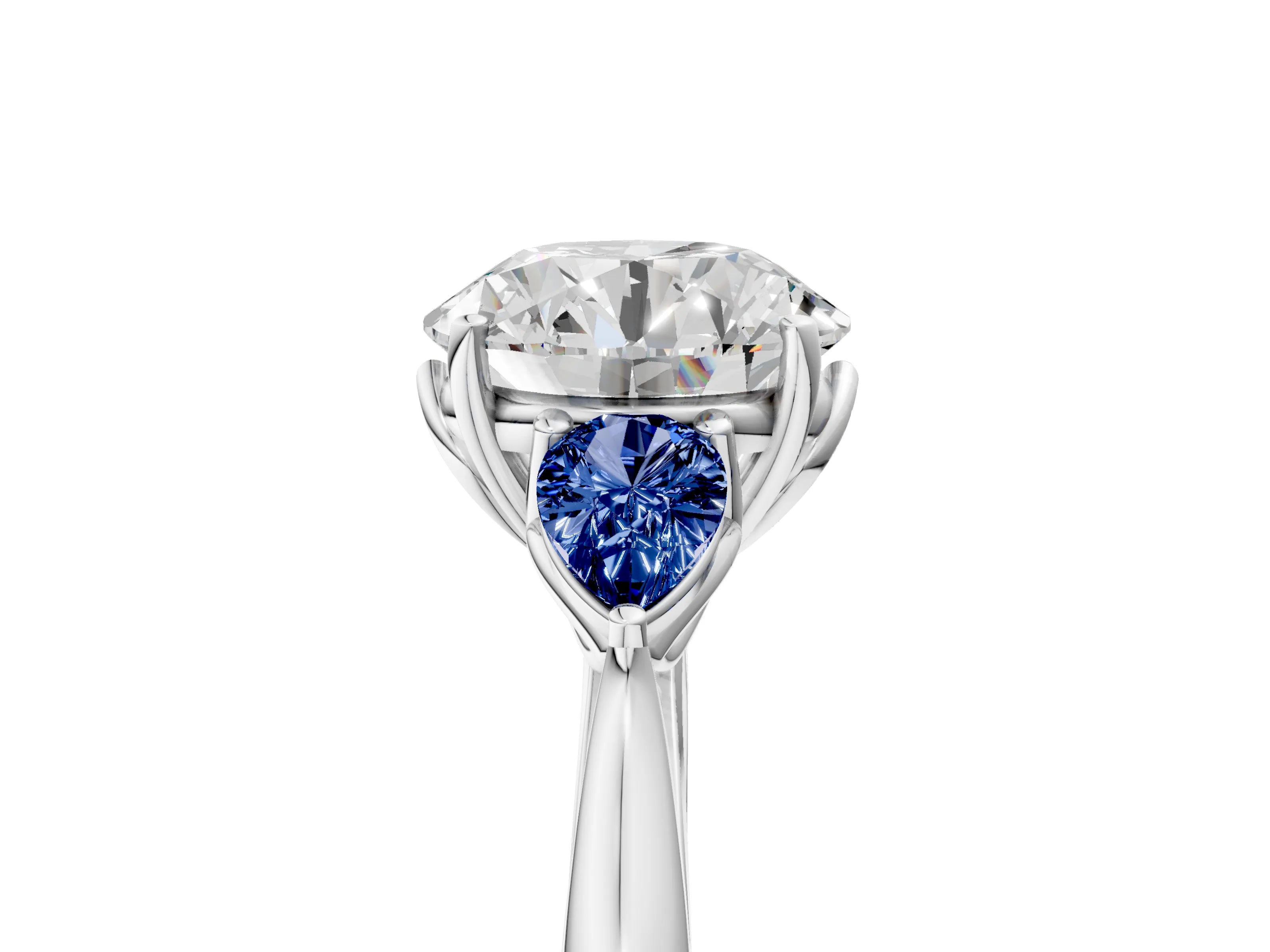 White gold Round Cut Diamond Three-Stone Ring with Pear with Blue Sapphire side stone Side Stones and Prong Setting_41