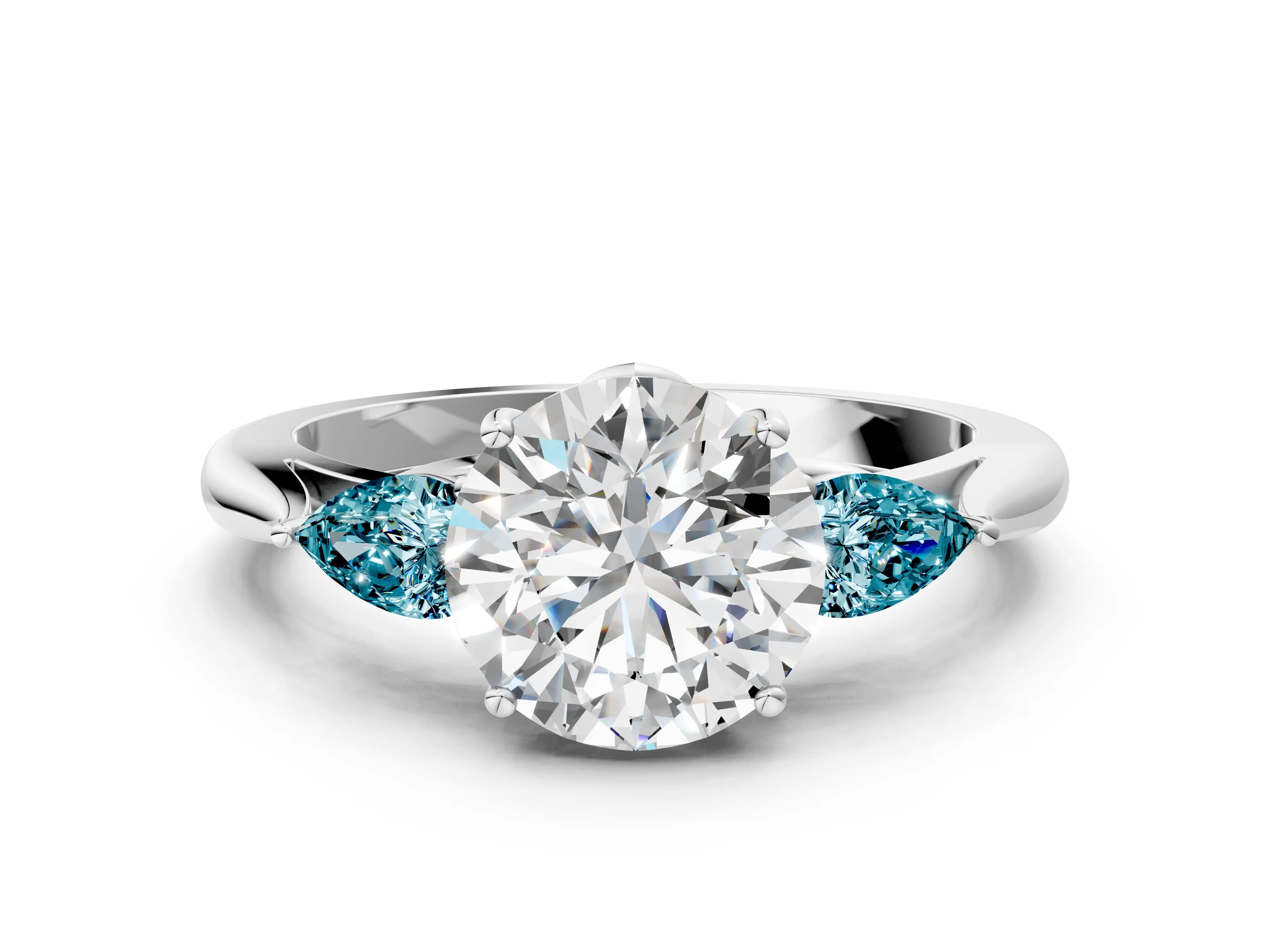 White gold Round Cut Diamond Three-Stone Ring with Pear with Blue Topaz side stone Side Stones and Prong Setting_12