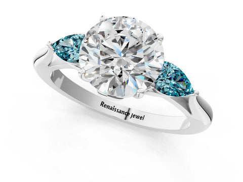 White gold Round Cut Diamond Three-Stone Ring with Pear with Blue Topaz side stone Side Stones and Prong Setting_13