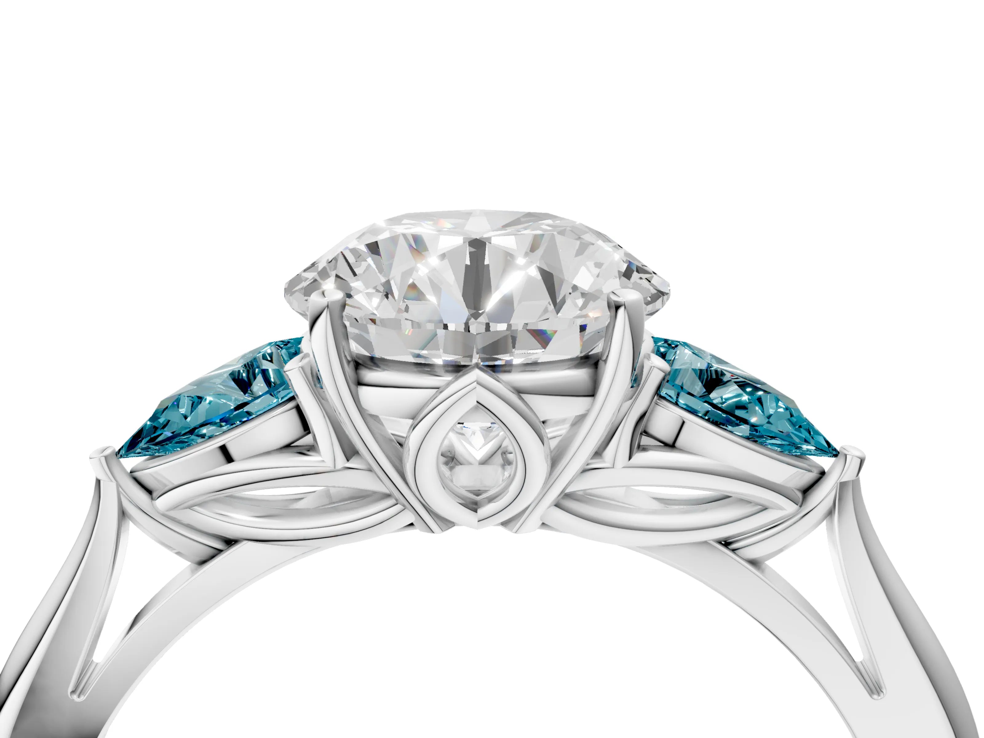 White gold Round Cut Diamond Three-Stone Ring with Pear with Blue Topaz side stone Side Stones and Prong Setting_16