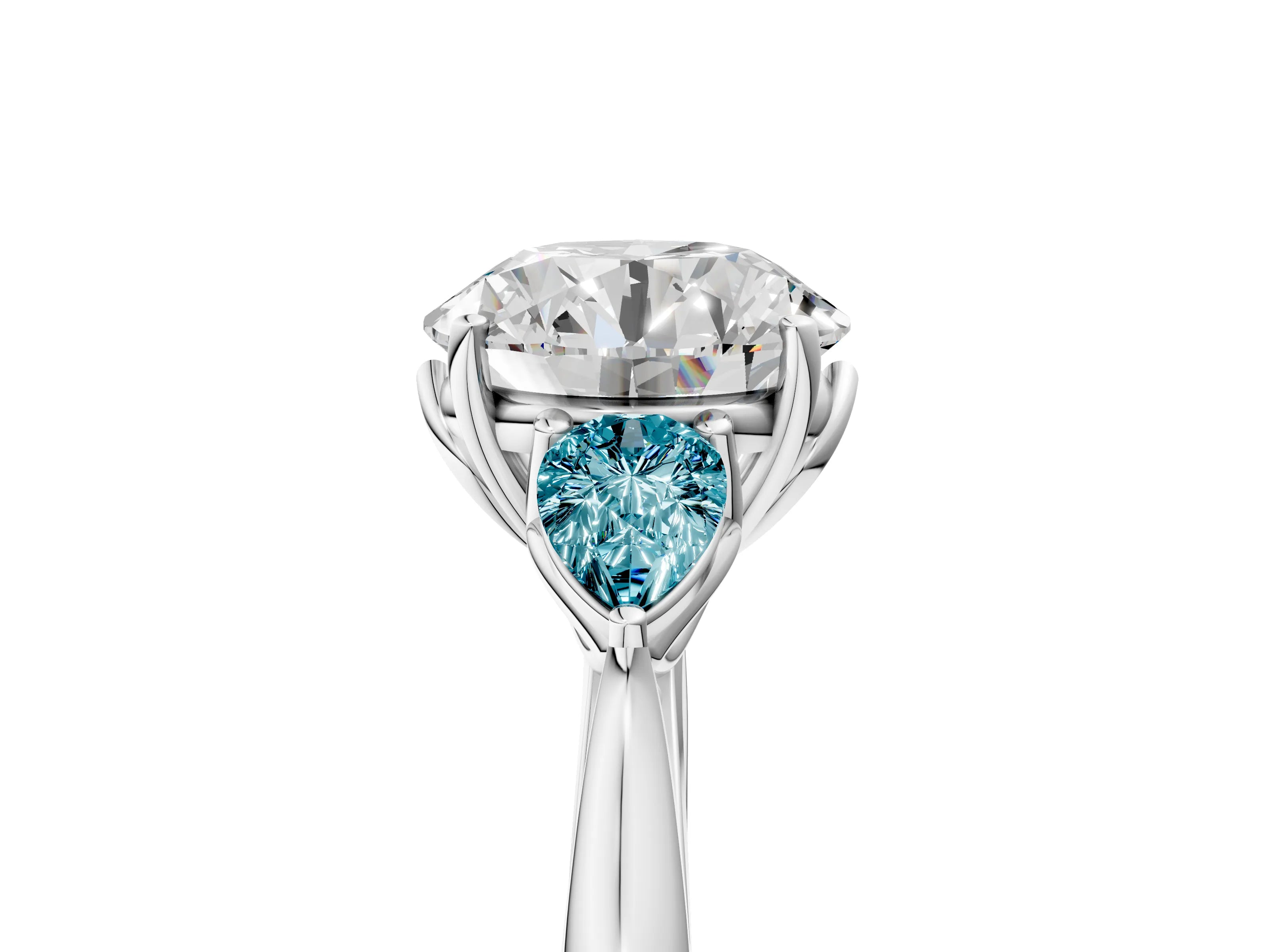 White gold Round Cut Diamond Three-Stone Ring with Pear with Blue Topaz side stone Side Stones and Prong Setting_17