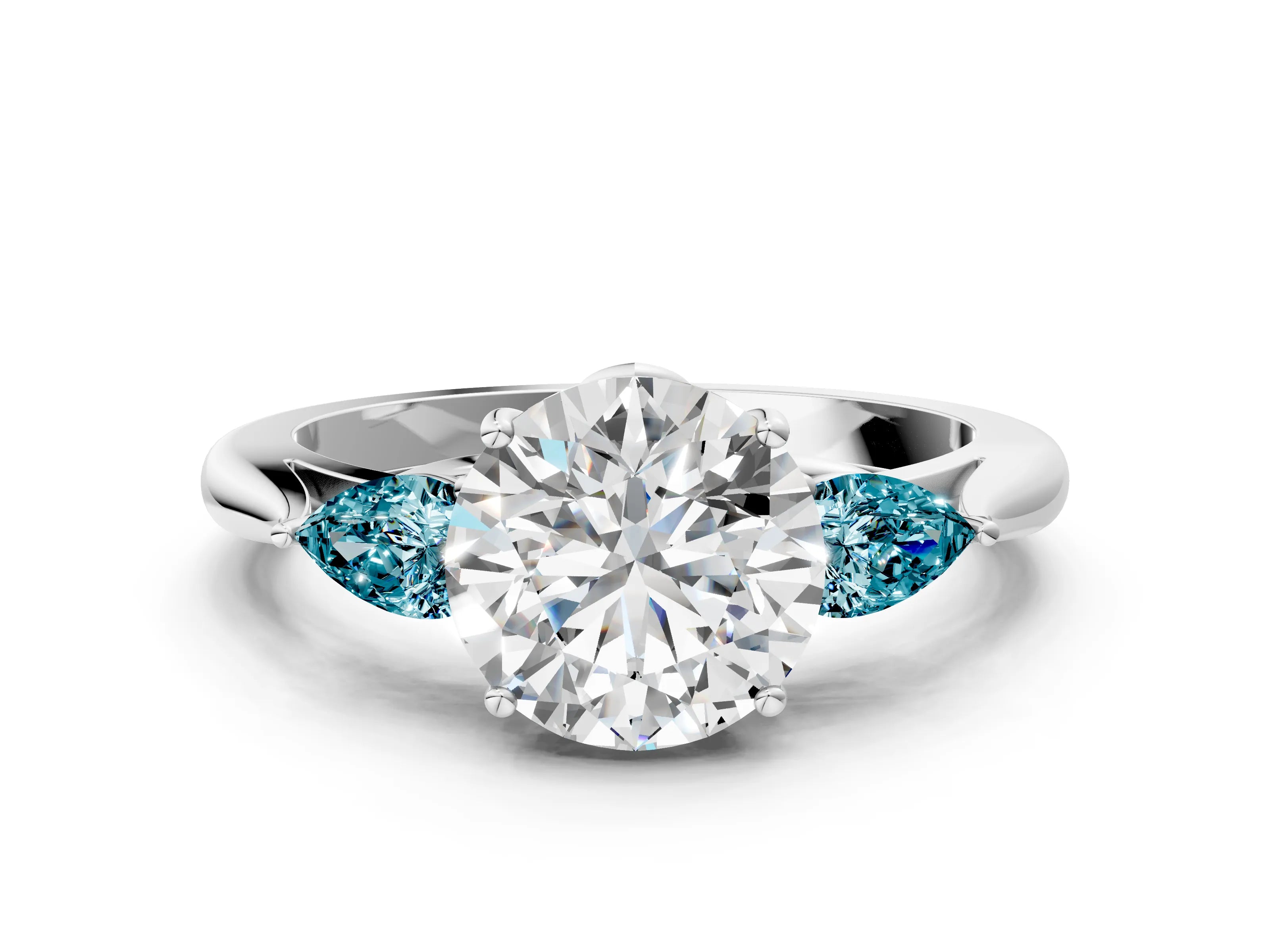 White gold Round Cut Diamond Three-Stone Ring with Pear with Blue Topaz side stone Side Stones and Prong Setting_48