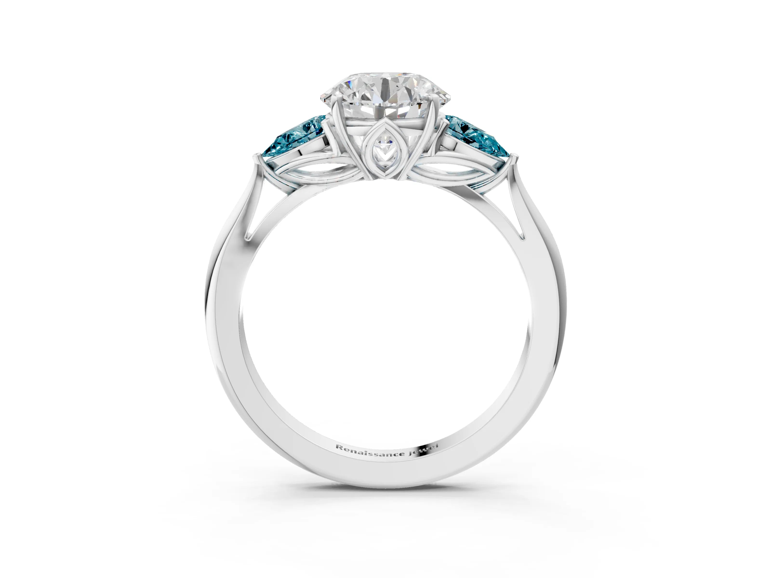 White gold Round Cut Diamond Three-Stone Ring with Pear with Blue Topaz side stone Side Stones and Prong Setting_51