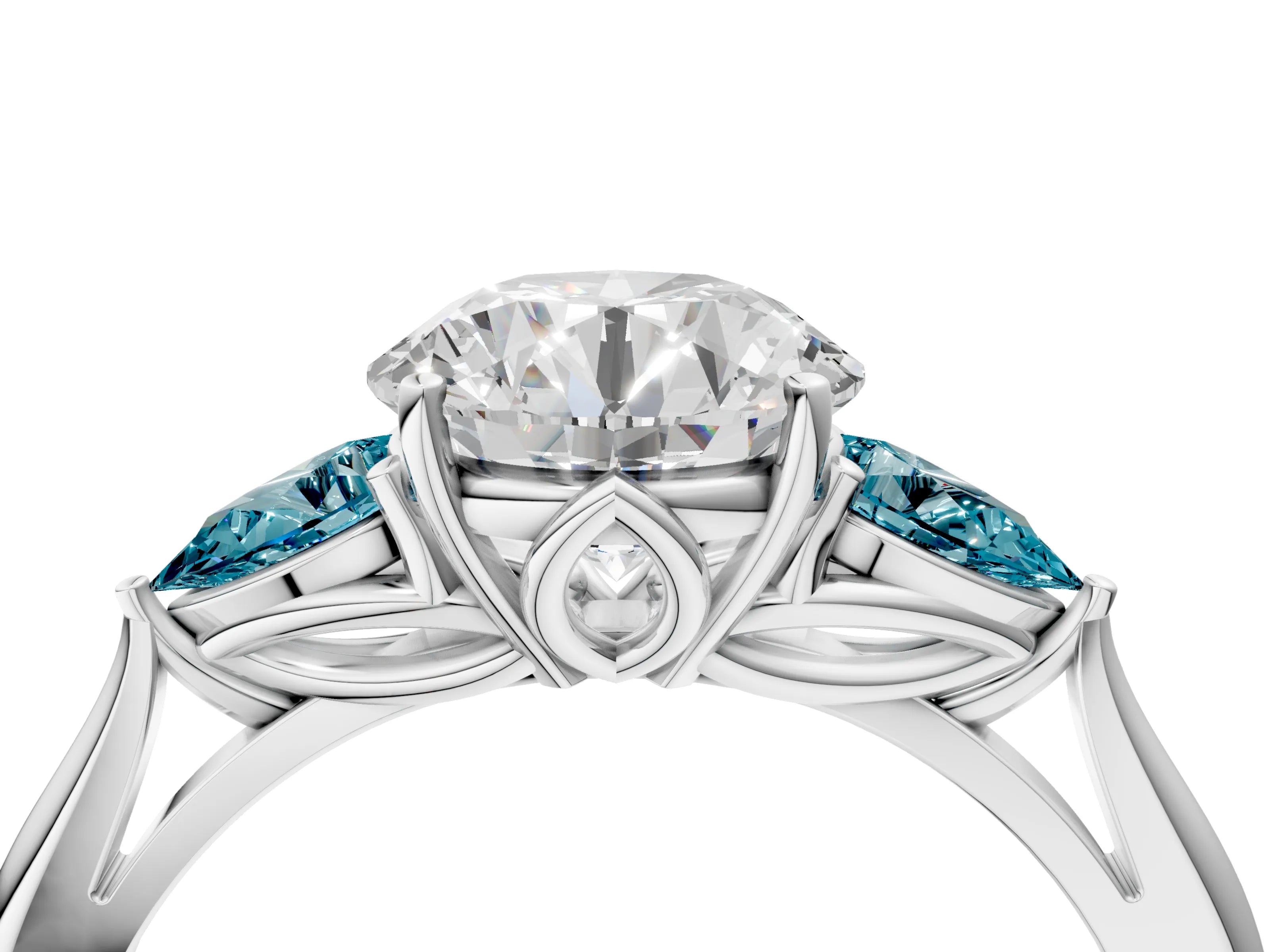 White gold Round Cut Diamond Three-Stone Ring with Pear with Blue Topaz side stone Side Stones and Prong Setting_52